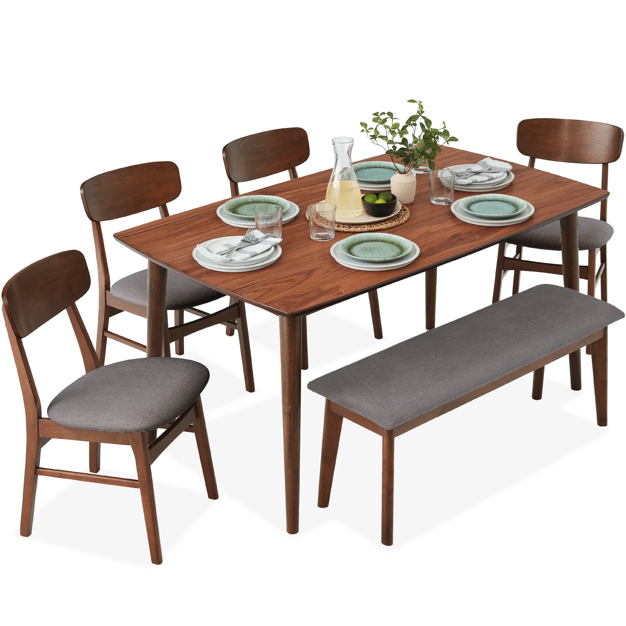 6-Piece Mid-Century Modern Upholstered Wooden Dining Set w/ 4 Chairs, Bench - Image 8