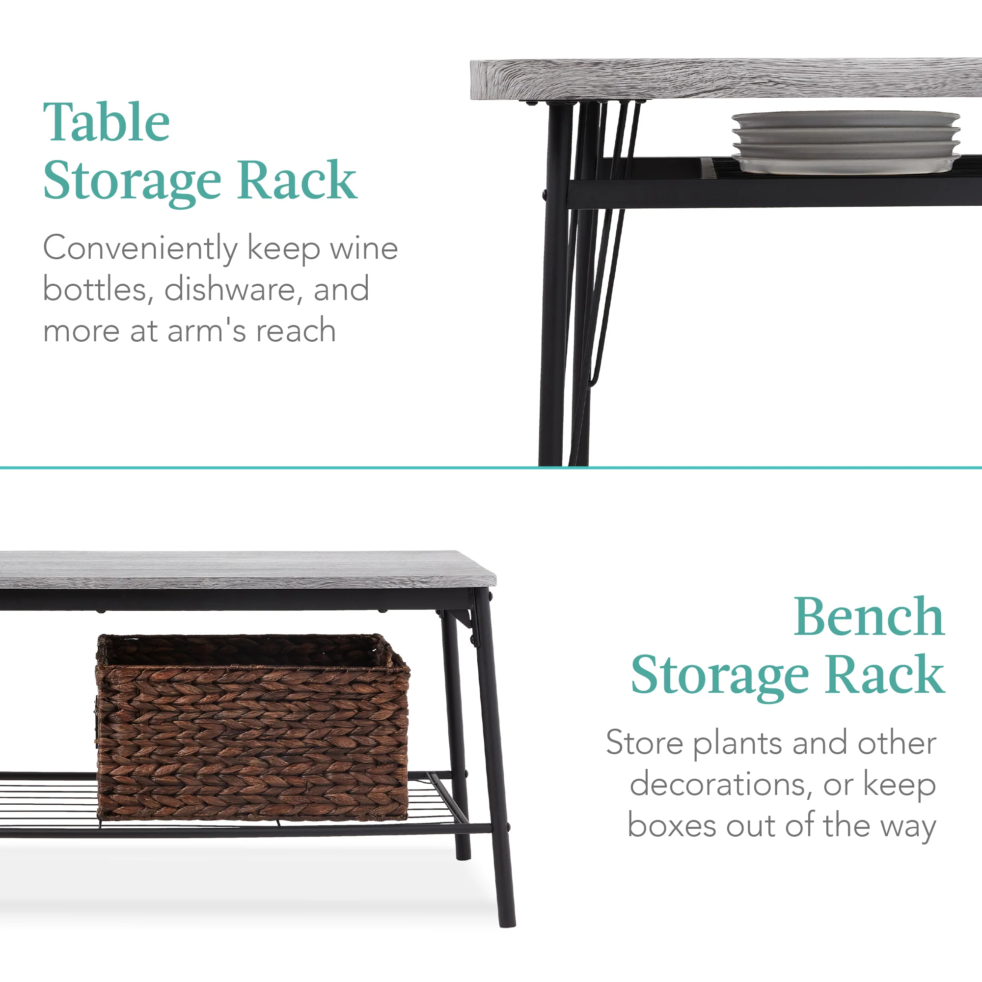 6-Piece Modern Dining Set w/ Storage Racks, Table, Bench, 4 Chairs - 55in - Image 3