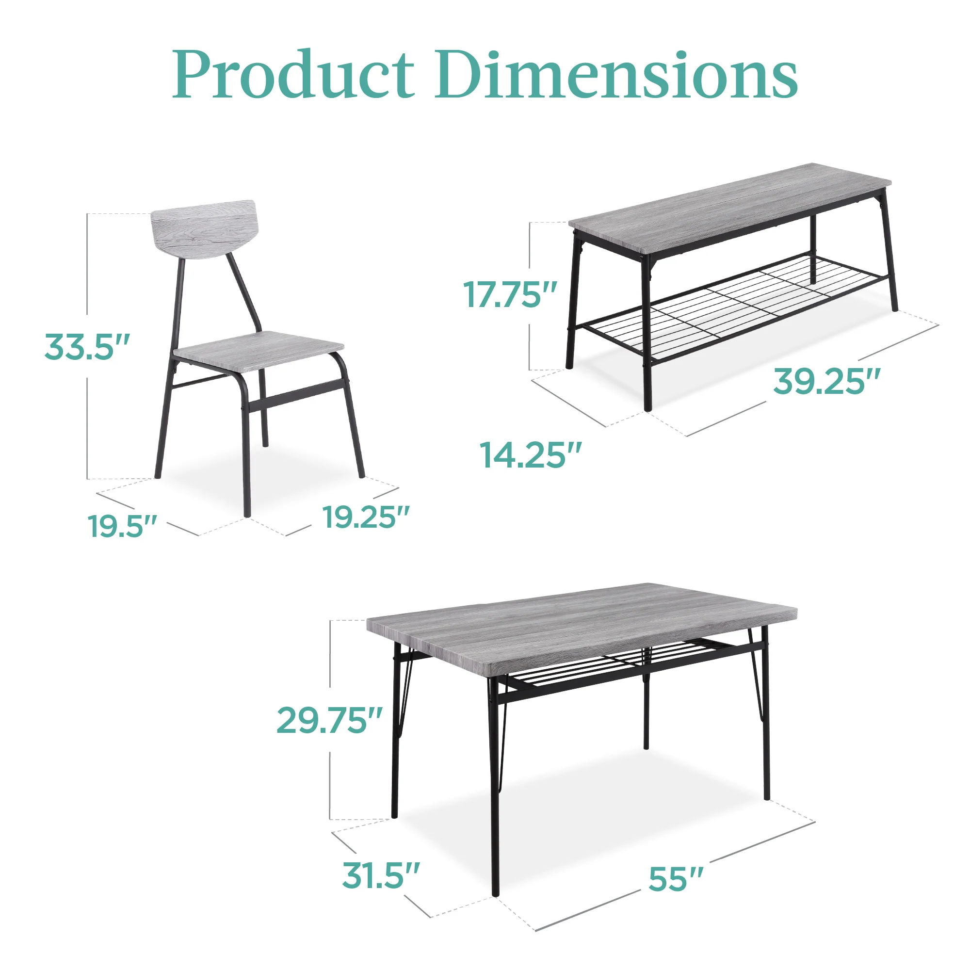 6-Piece Modern Dining Set w/ Storage Racks, Table, Bench, 4 Chairs - 55in - Image 7