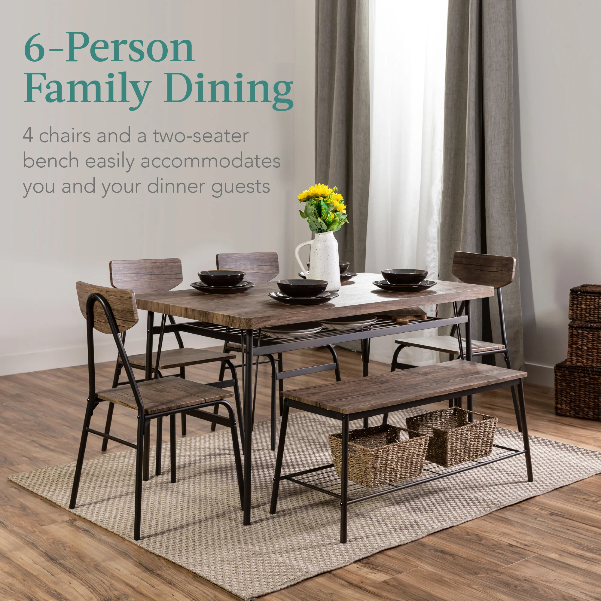 6-Piece Modern Dining Set w/ Storage Racks, Table, Bench, 4 Chairs - 55in - Image 9