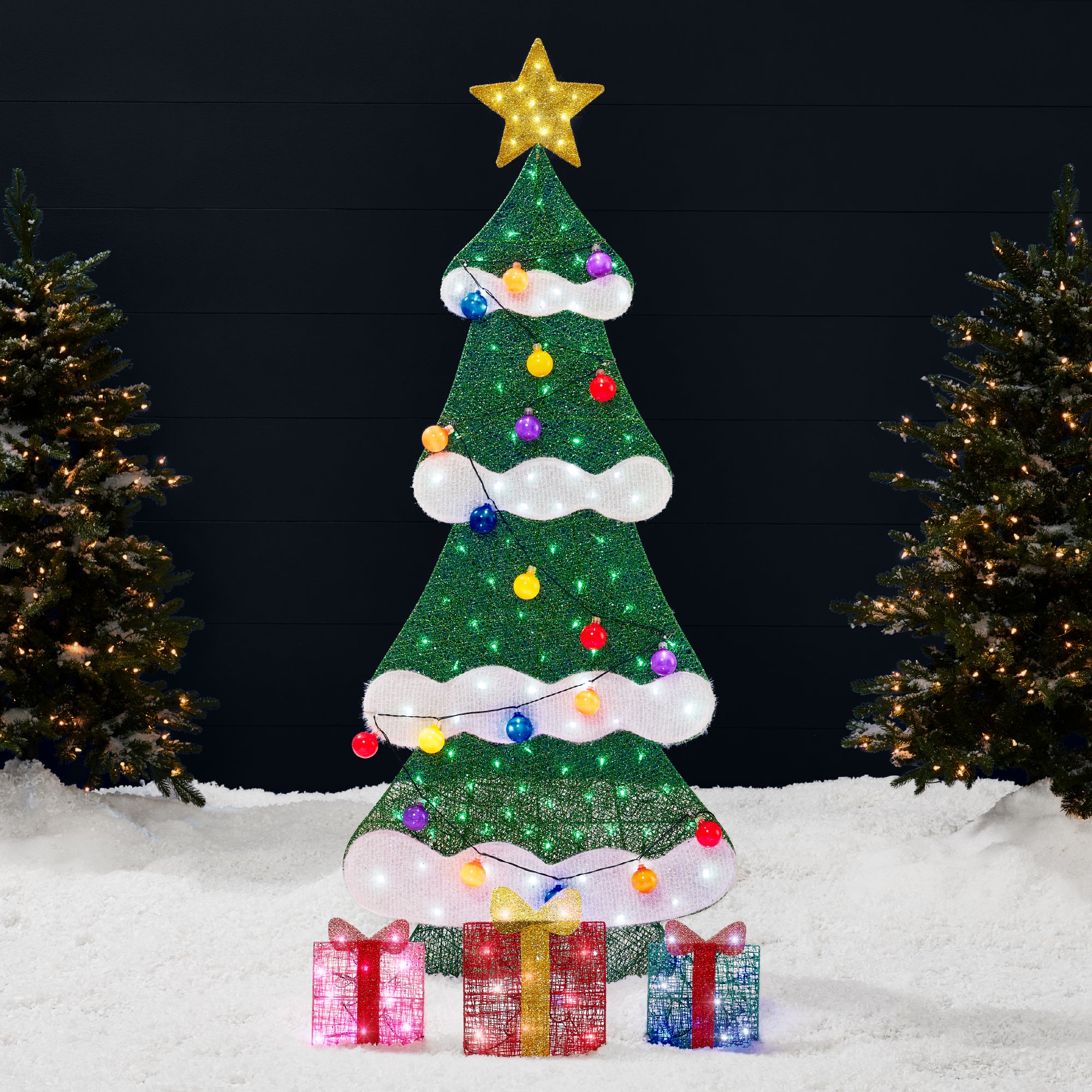 6ft Lighted 2D Christmas Tree Outdoor Decor w/ 170 LED Lights, 3 Gift Boxes - Image 9