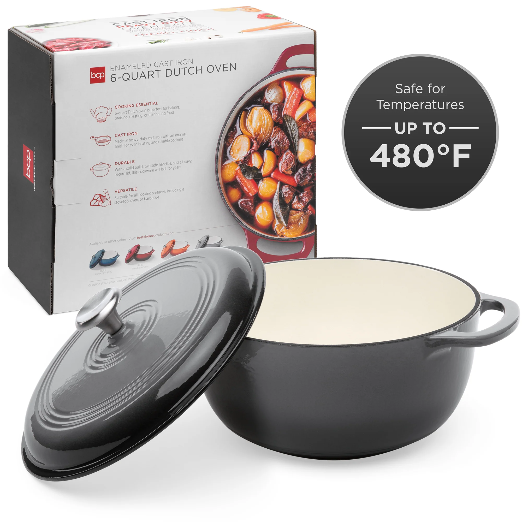 Cast-Iron Dutch Oven Kitchen Cookware w/ Enamel, Handles - 6qt - Image 11