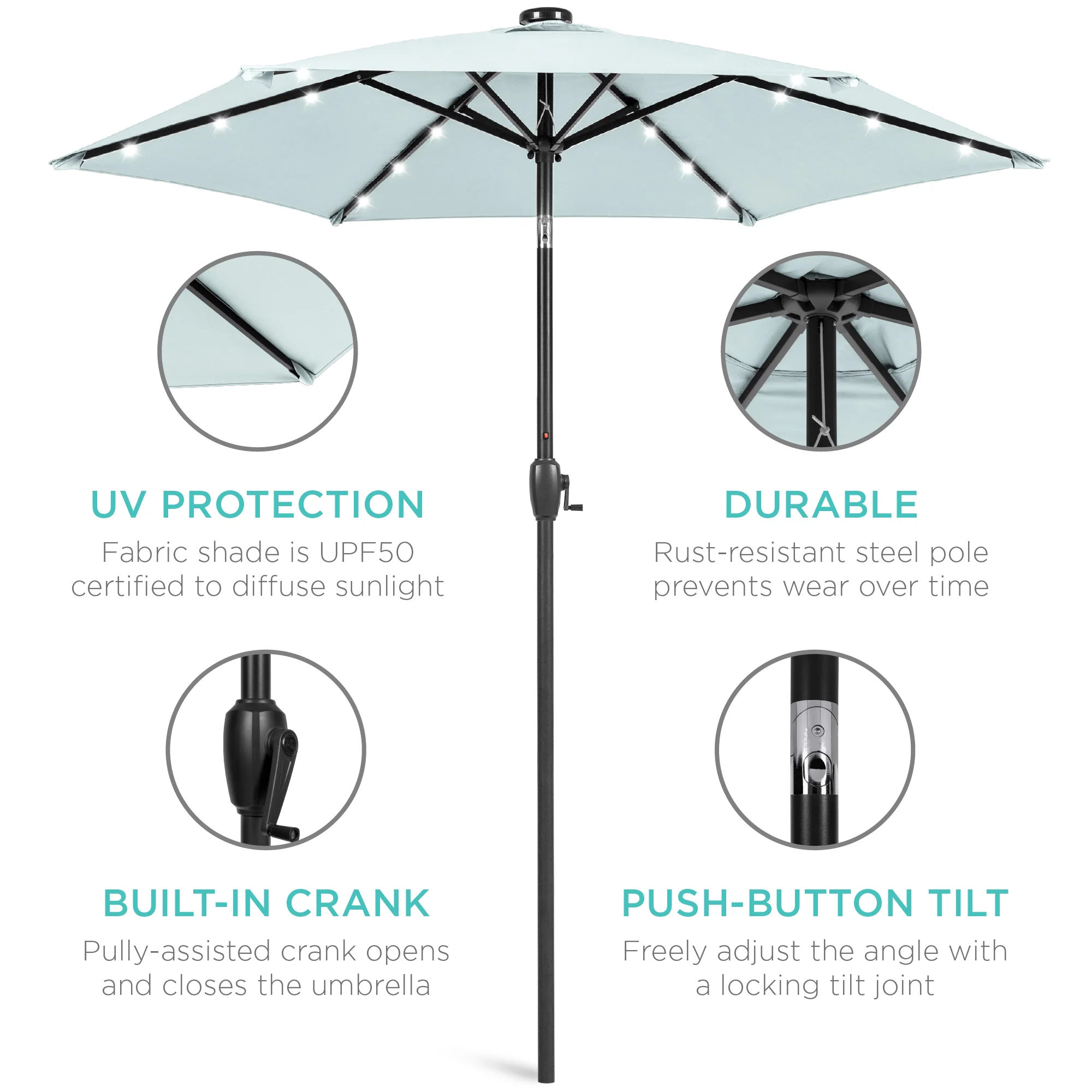 Outdoor Solar Patio Umbrella w/ Push Button Tilt, Crank Lift - 7.5ft - Image 103