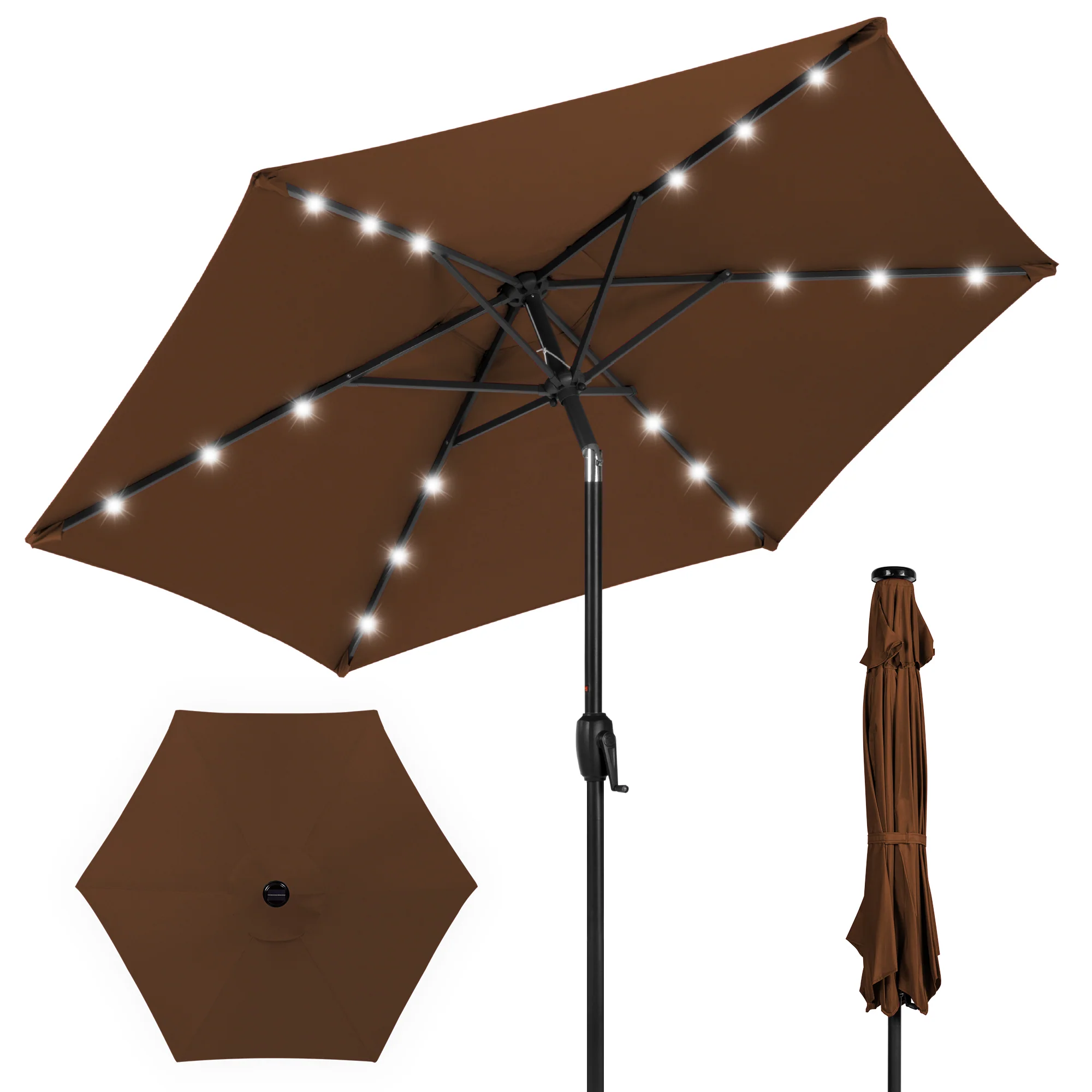 Outdoor Solar Patio Umbrella w/ Push Button Tilt, Crank Lift - 7.5ft - Image 106