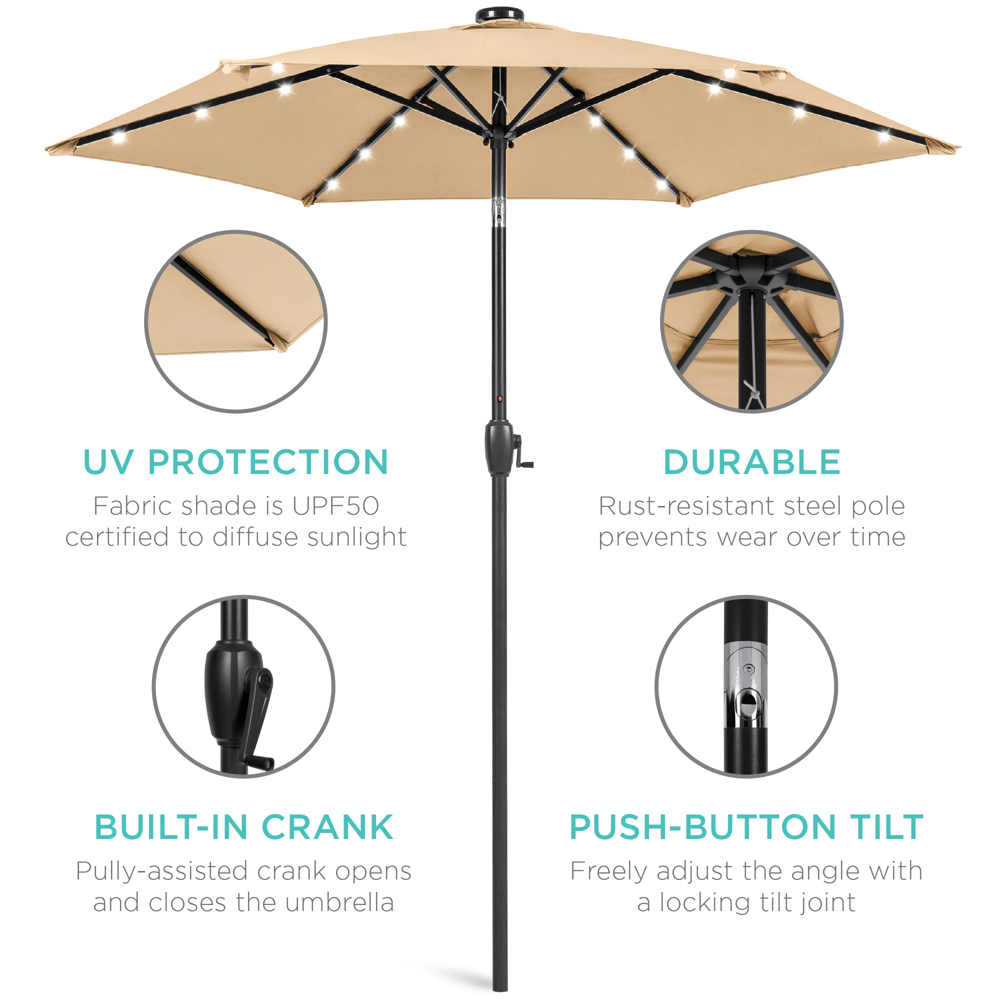 Outdoor Solar Patio Umbrella w/ Push Button Tilt, Crank Lift - 7.5ft - Image 117