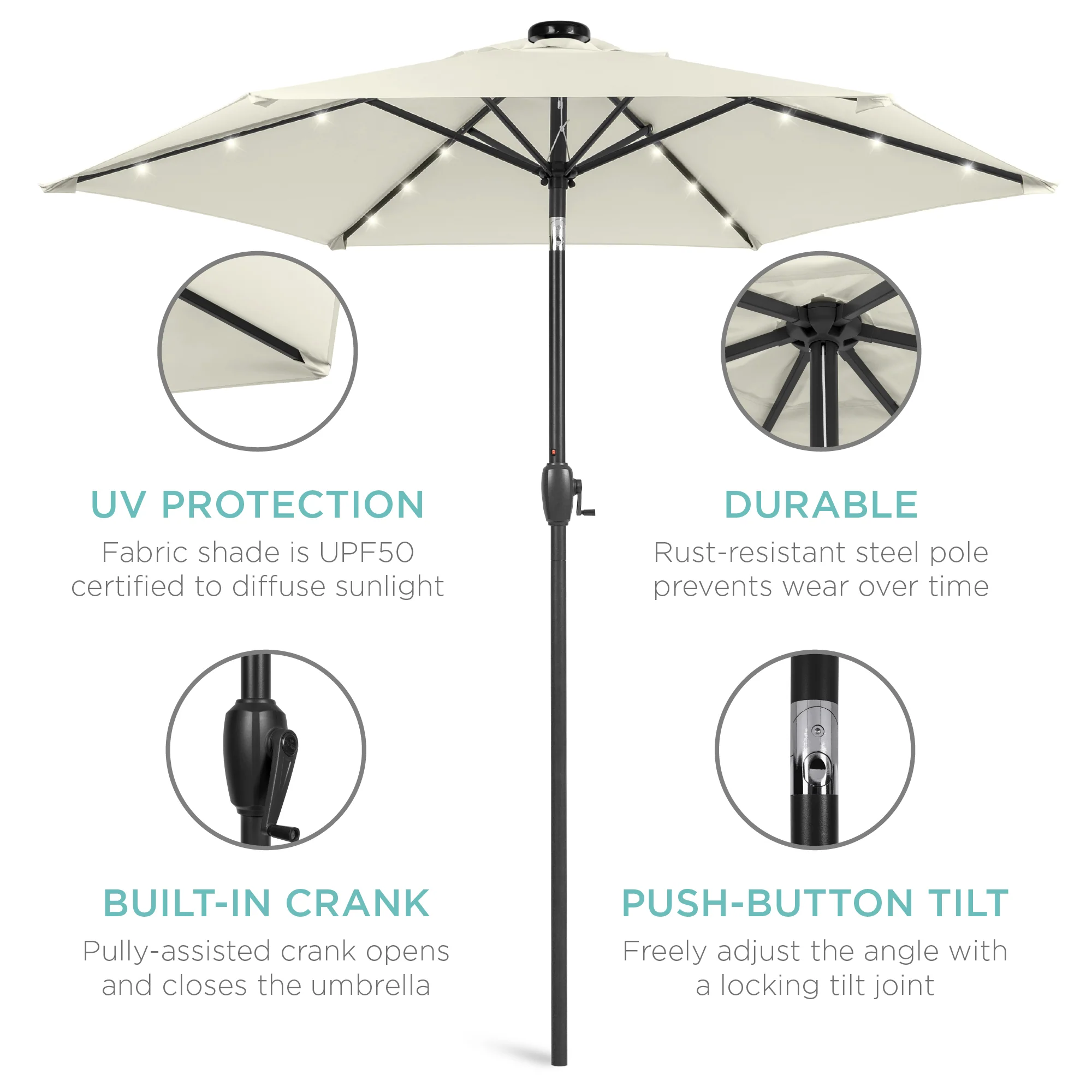 Outdoor Solar Patio Umbrella w/ Push Button Tilt, Crank Lift - 7.5ft - Image 12