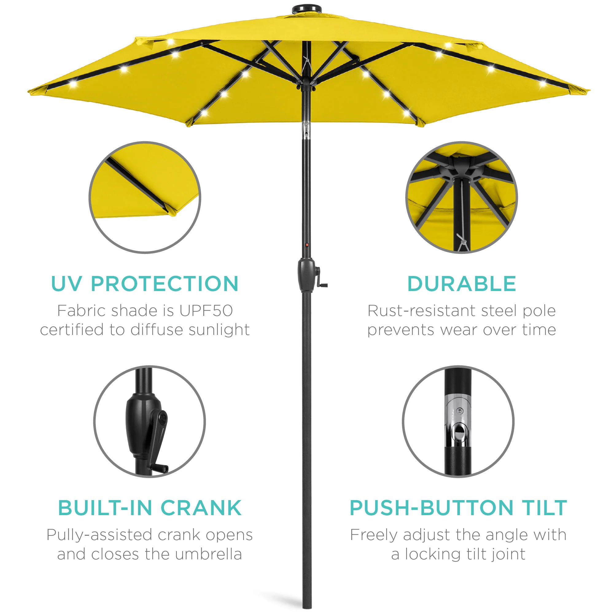 Outdoor Solar Patio Umbrella w/ Push Button Tilt, Crank Lift - 7.5ft - Image 124