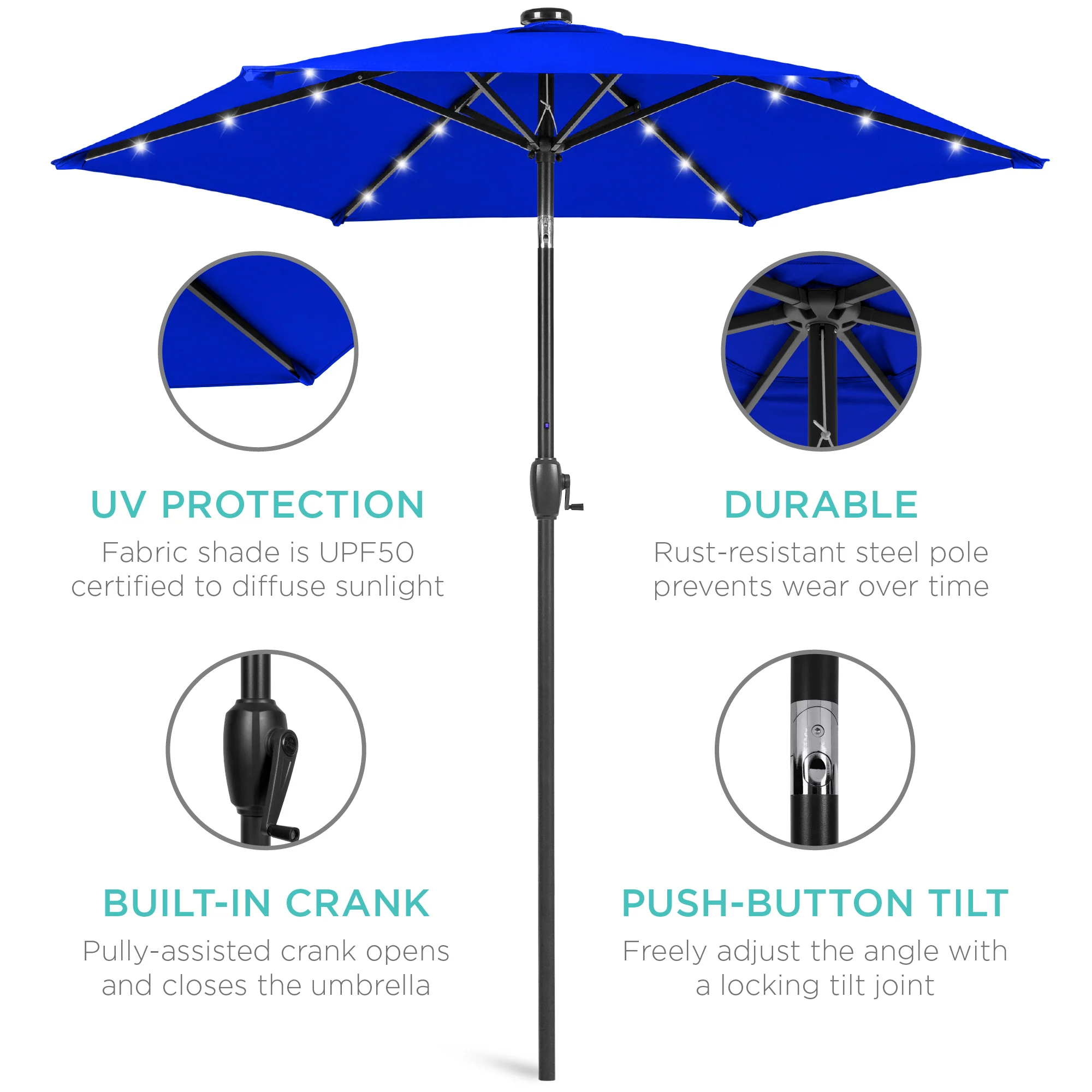 Outdoor Solar Patio Umbrella w/ Push Button Tilt, Crank Lift - 7.5ft - Image 138