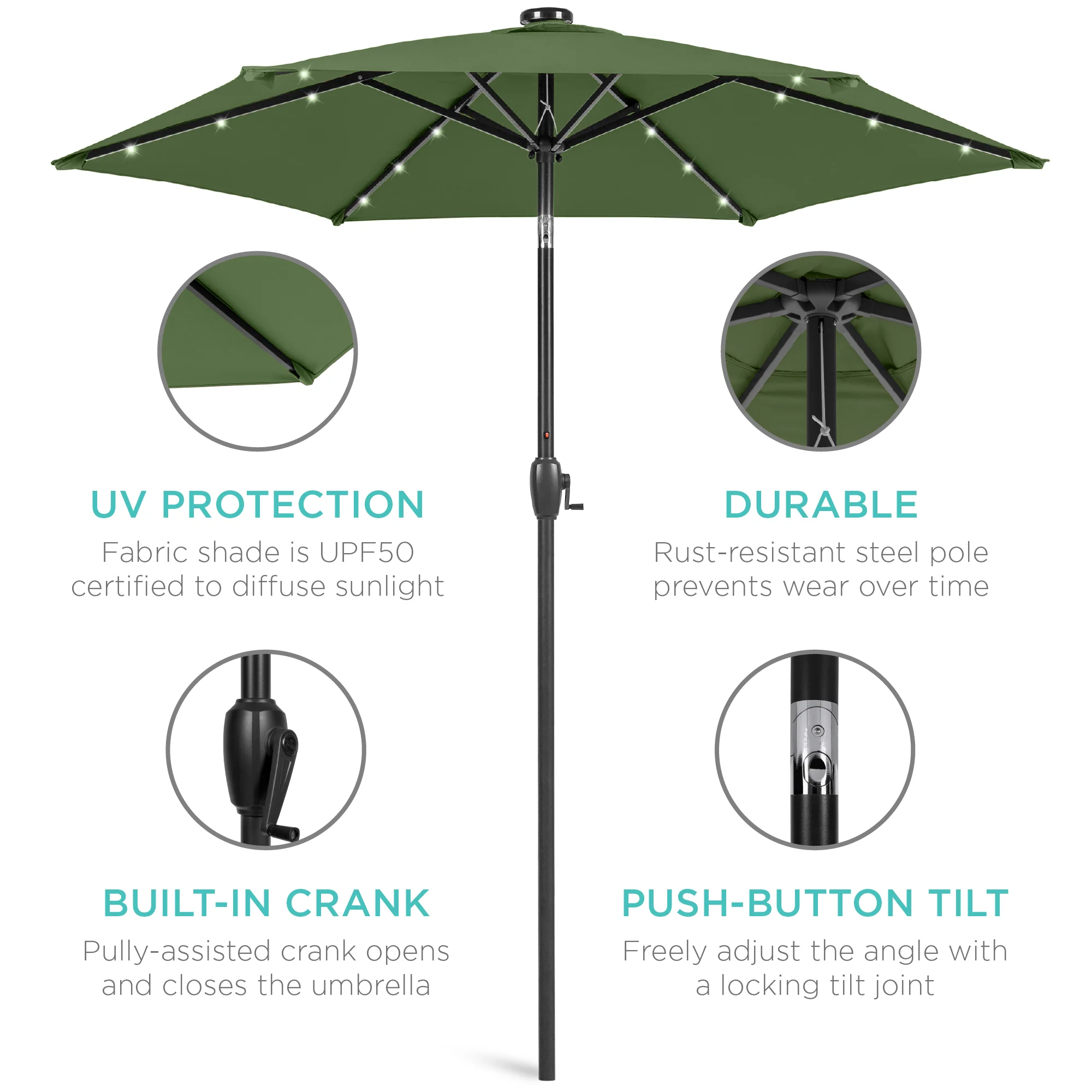 Outdoor Solar Patio Umbrella w/ Push Button Tilt, Crank Lift - 7.5ft - Image 145