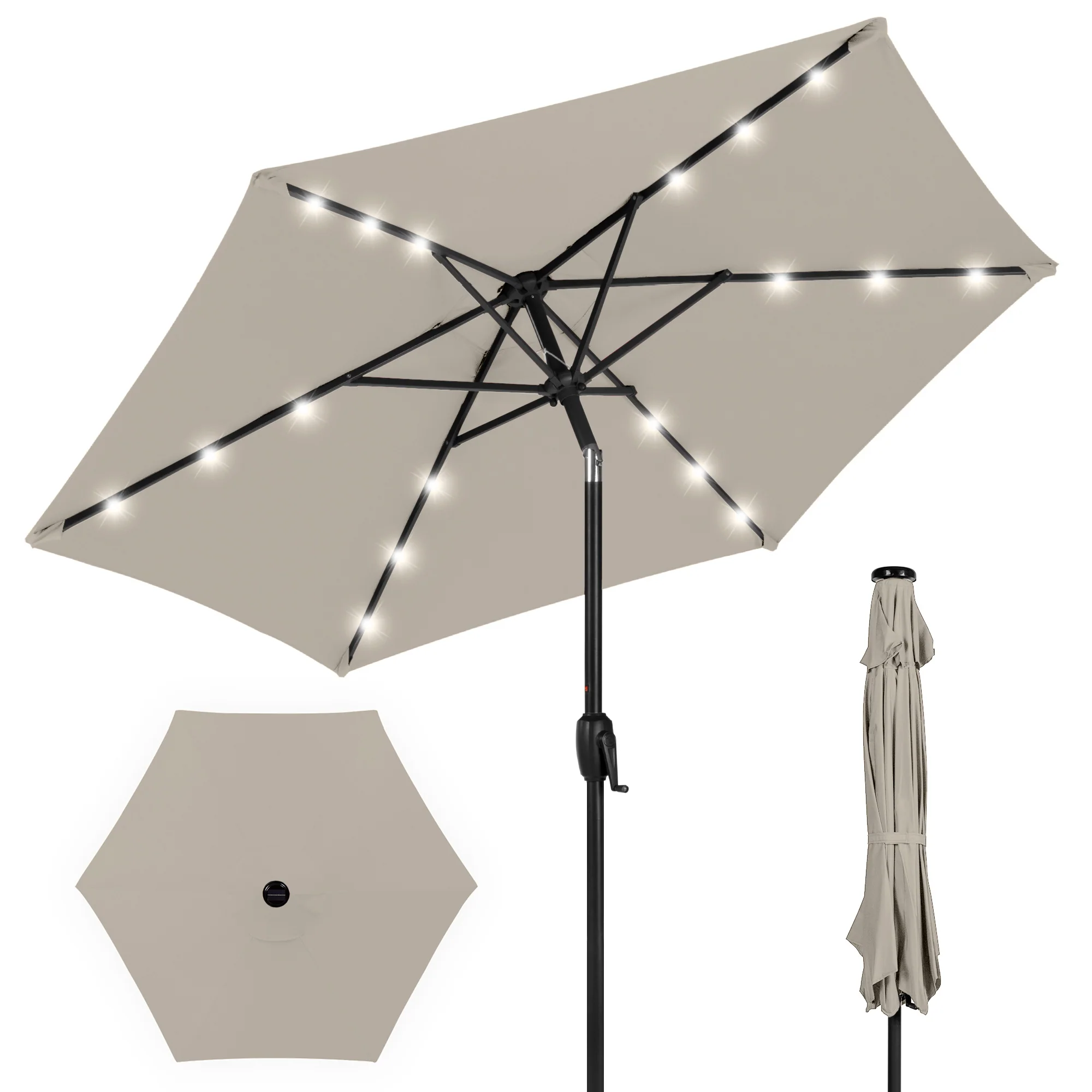 Outdoor Solar Patio Umbrella w/ Push Button Tilt, Crank Lift - 7.5ft - Image 15