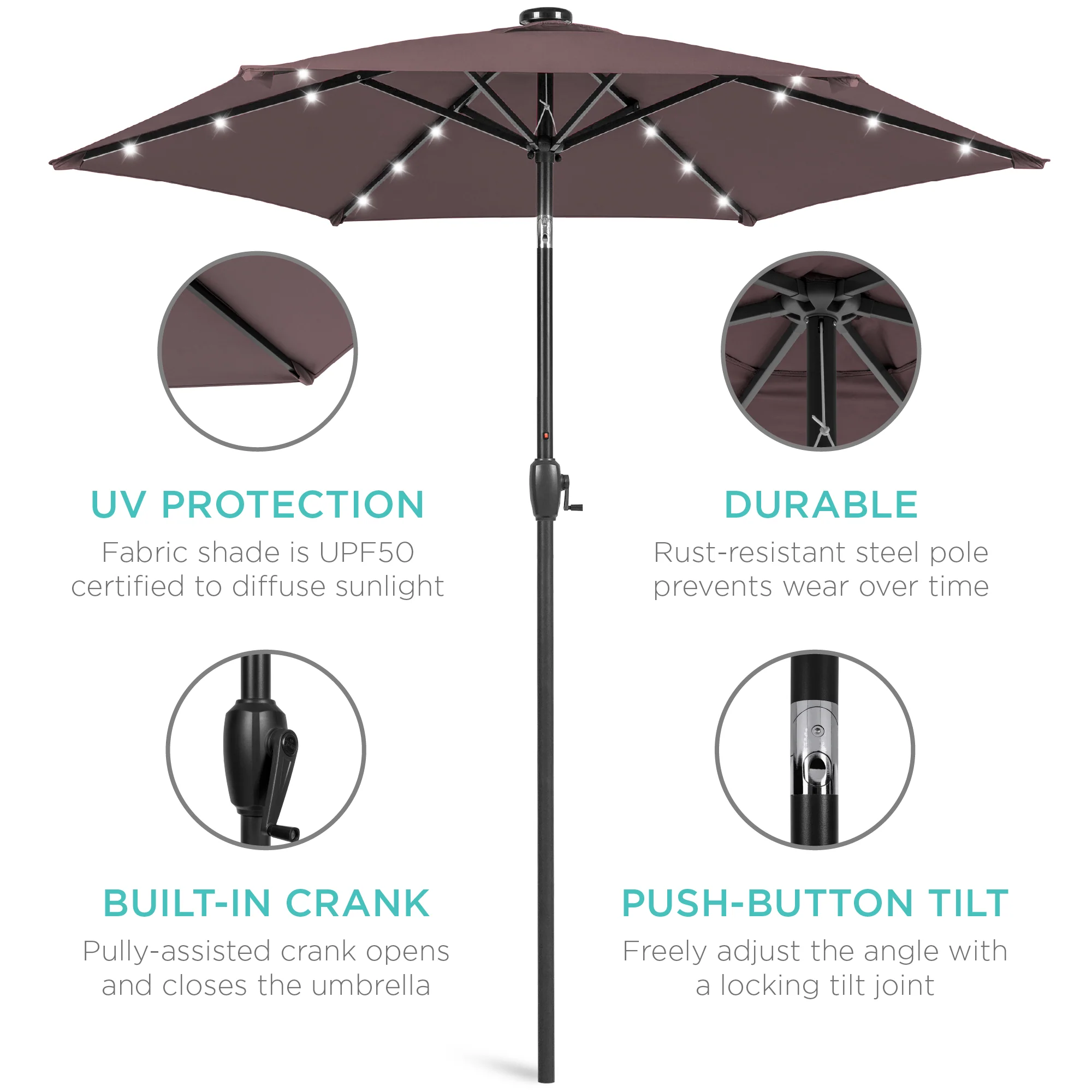 Outdoor Solar Patio Umbrella w/ Push Button Tilt, Crank Lift - 7.5ft - Image 152