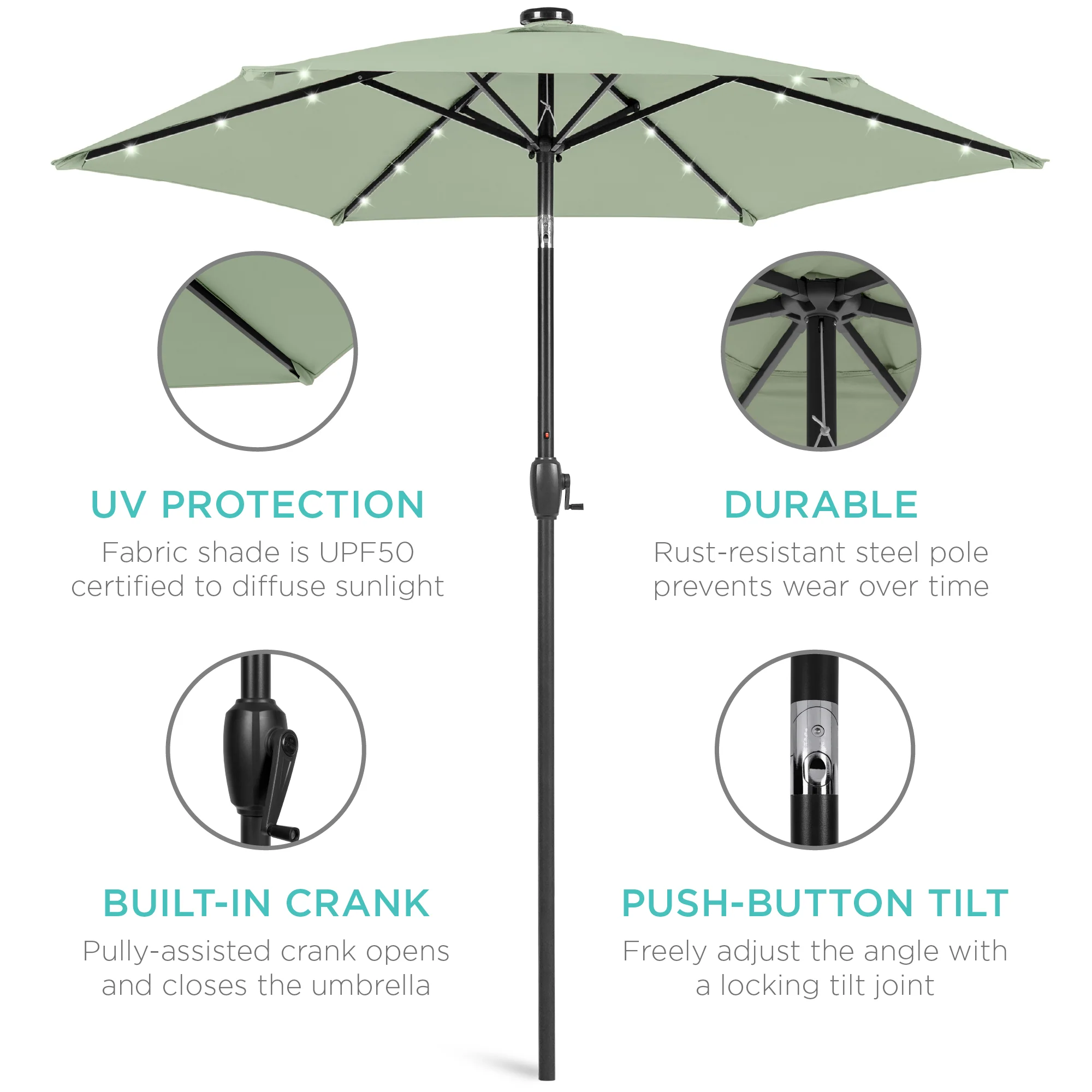Outdoor Solar Patio Umbrella w/ Push Button Tilt, Crank Lift - 7.5ft - Image 159