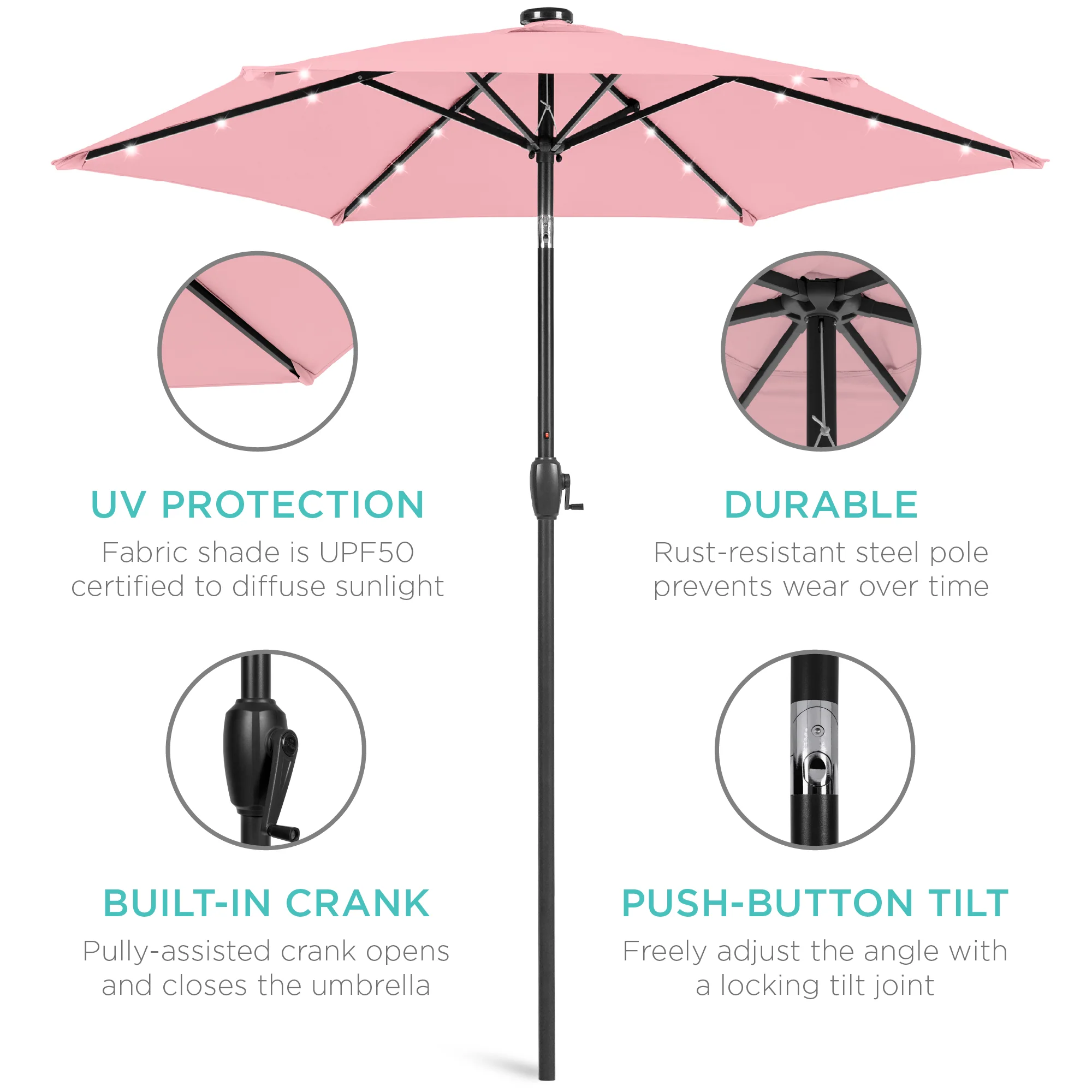 Outdoor Solar Patio Umbrella w/ Push Button Tilt, Crank Lift - 7.5ft - Image 166