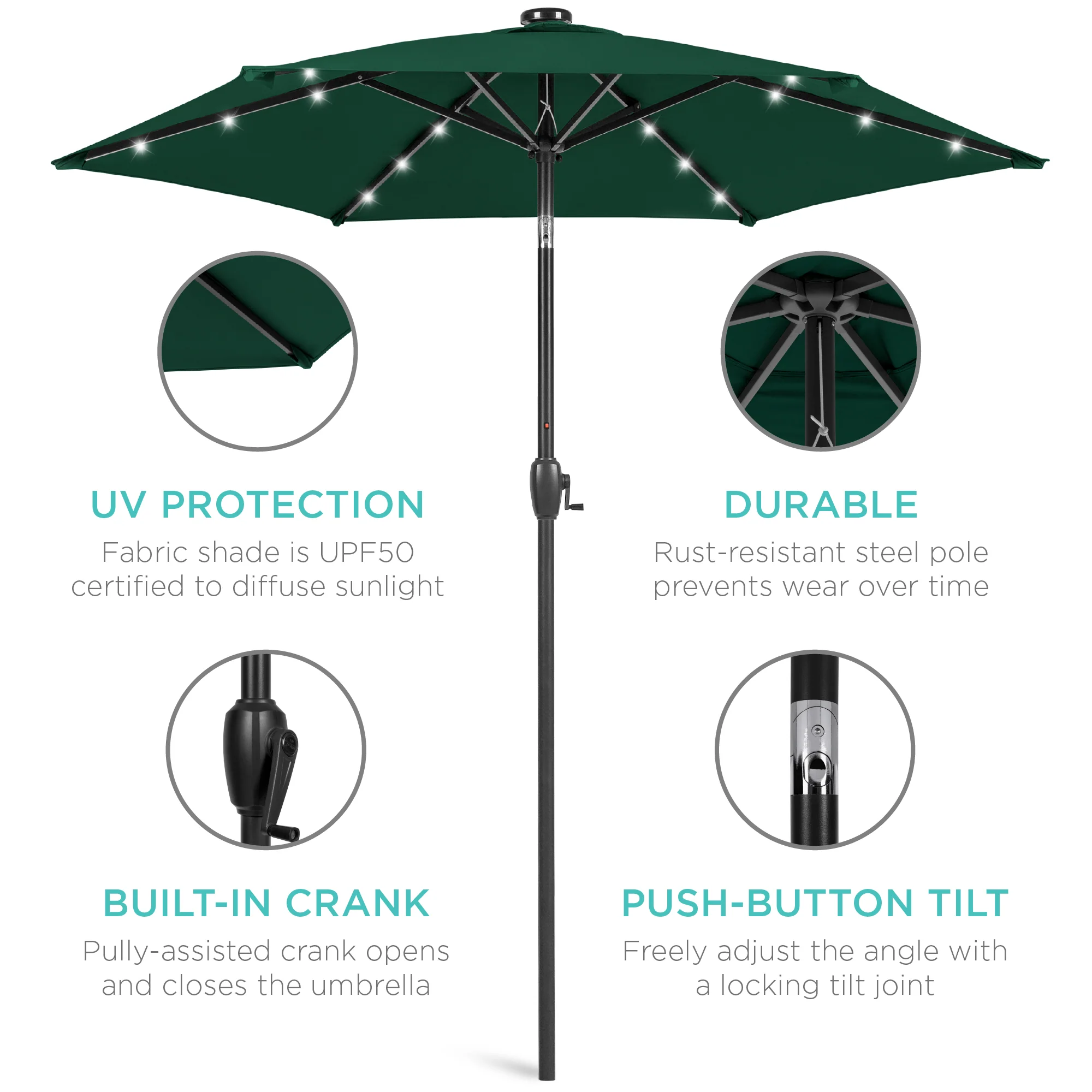Outdoor Solar Patio Umbrella w/ Push Button Tilt, Crank Lift - 7.5ft - Image 173