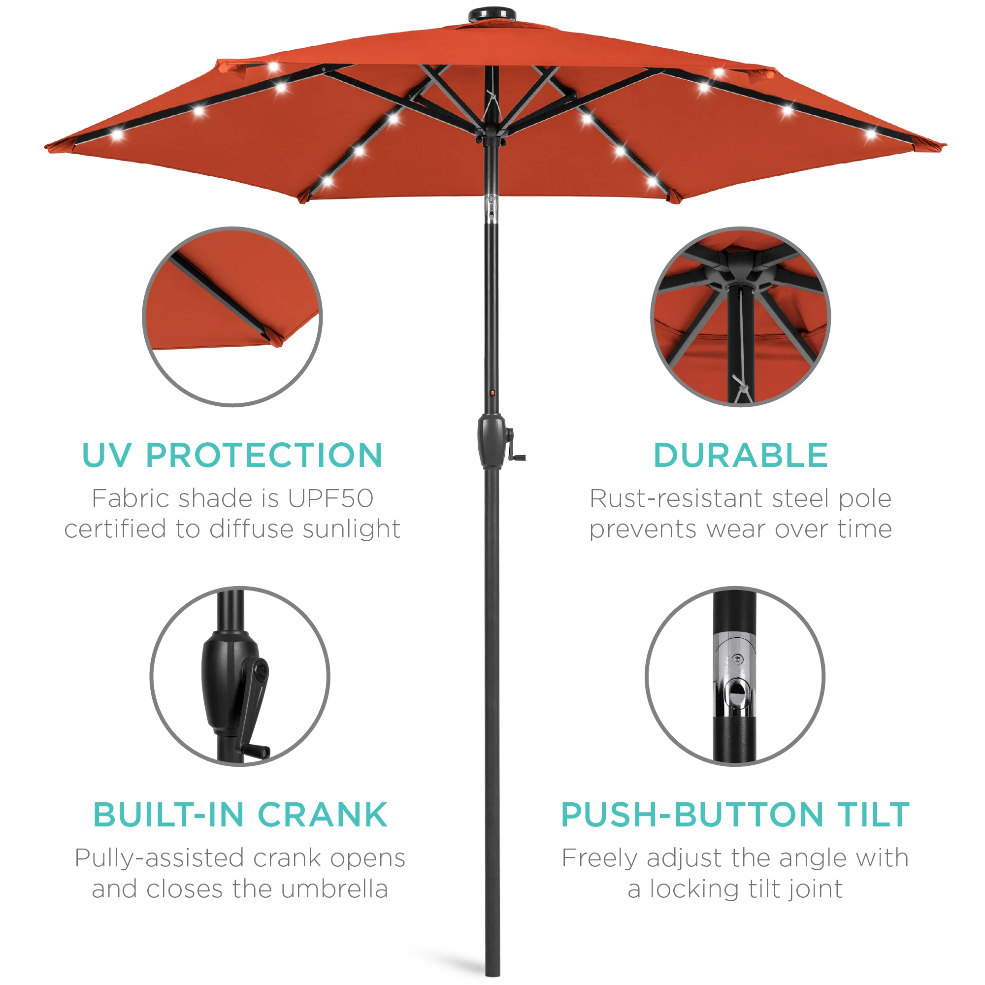 Outdoor Solar Patio Umbrella w/ Push Button Tilt, Crank Lift - 7.5ft - Image 180