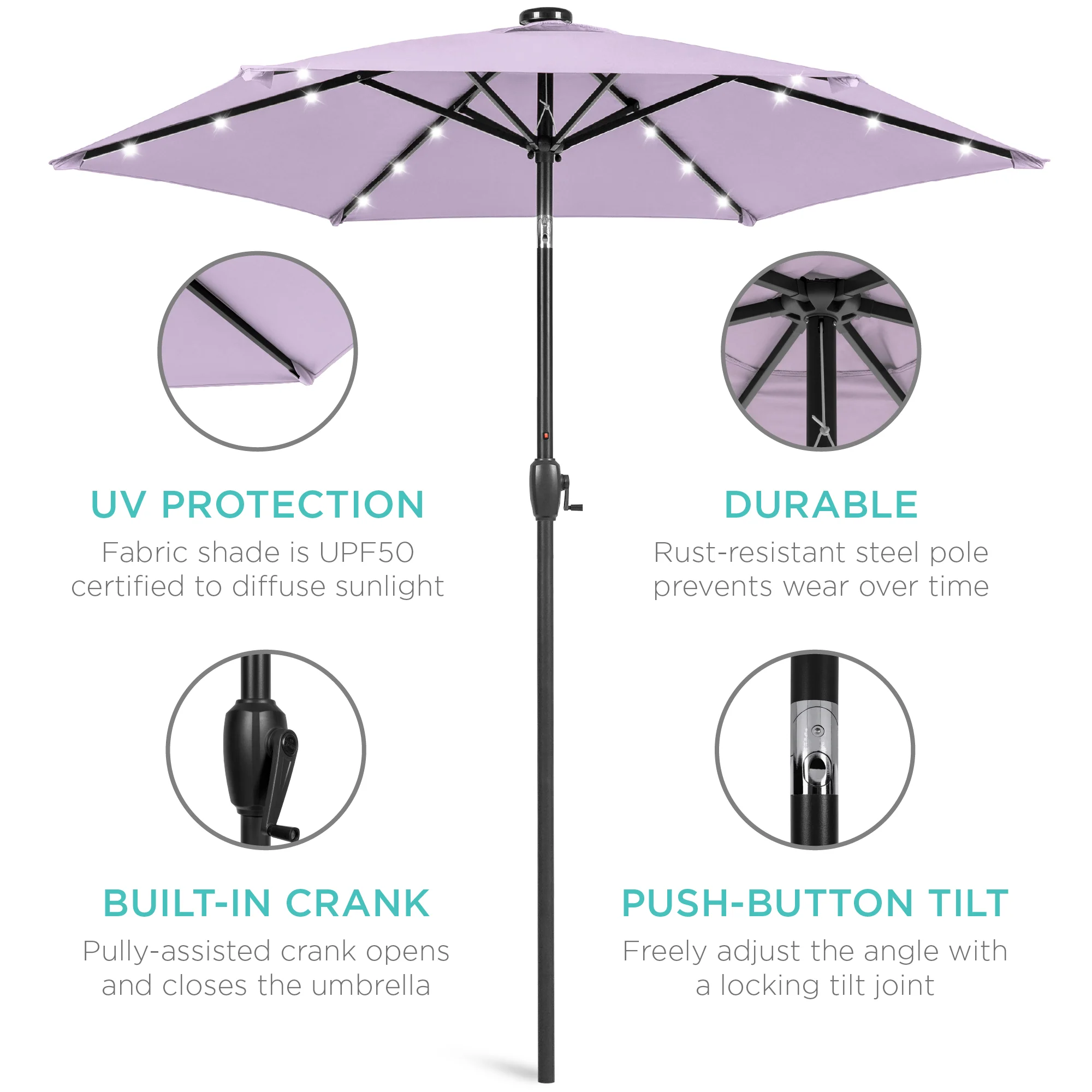 Outdoor Solar Patio Umbrella w/ Push Button Tilt, Crank Lift - 7.5ft - Image 187