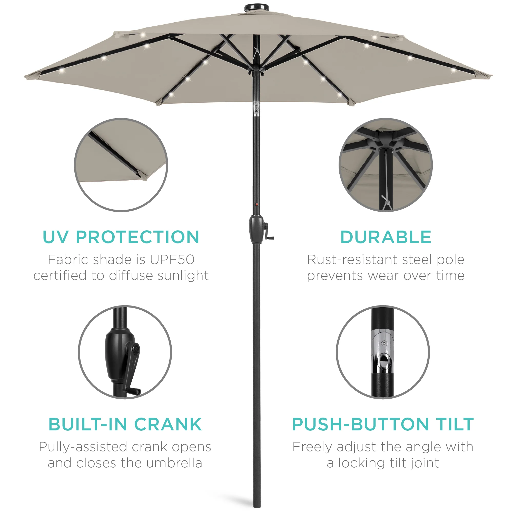 Outdoor Solar Patio Umbrella w/ Push Button Tilt, Crank Lift - 7.5ft - Image 19