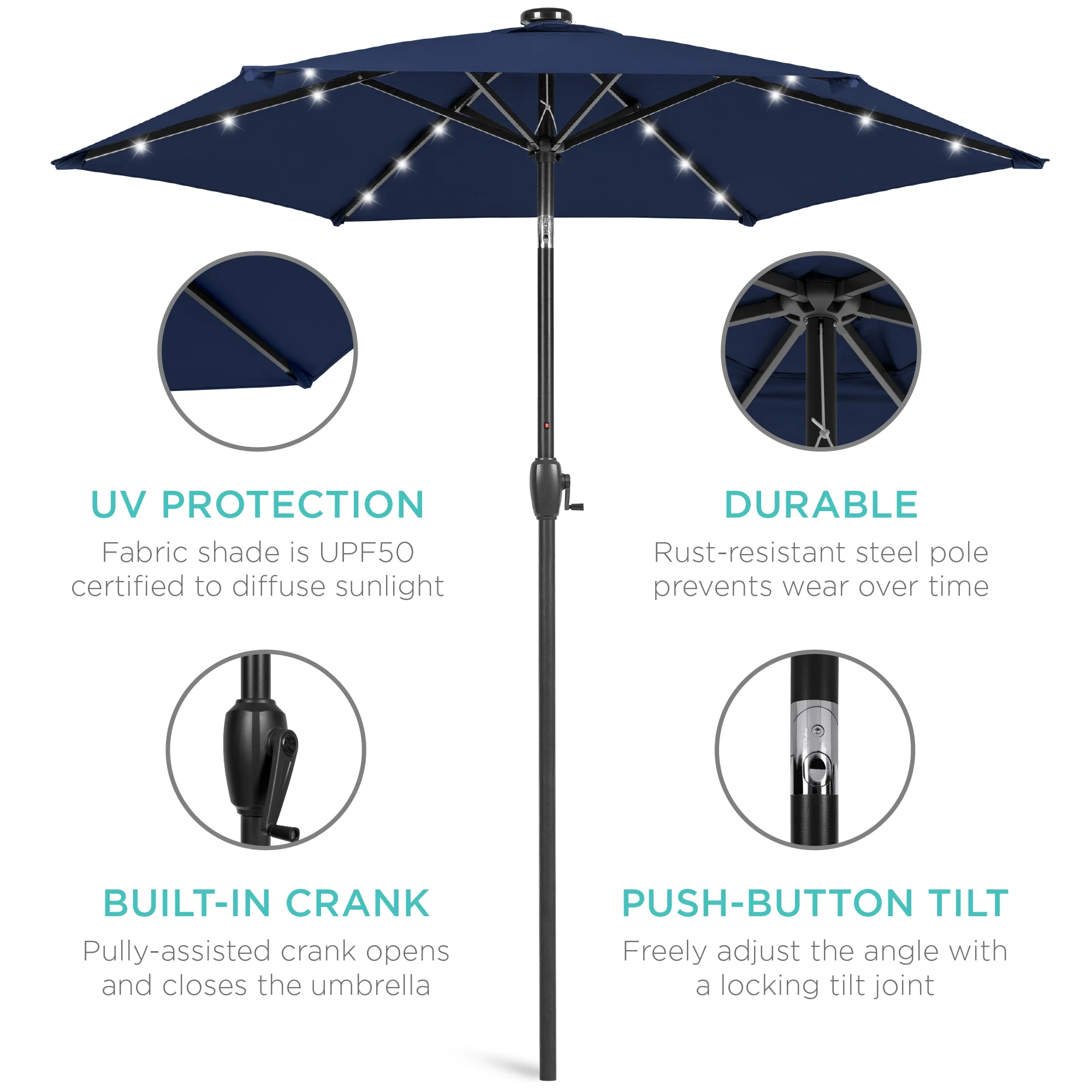 Outdoor Solar Patio Umbrella w/ Push Button Tilt, Crank Lift - 7.5ft - Image 194