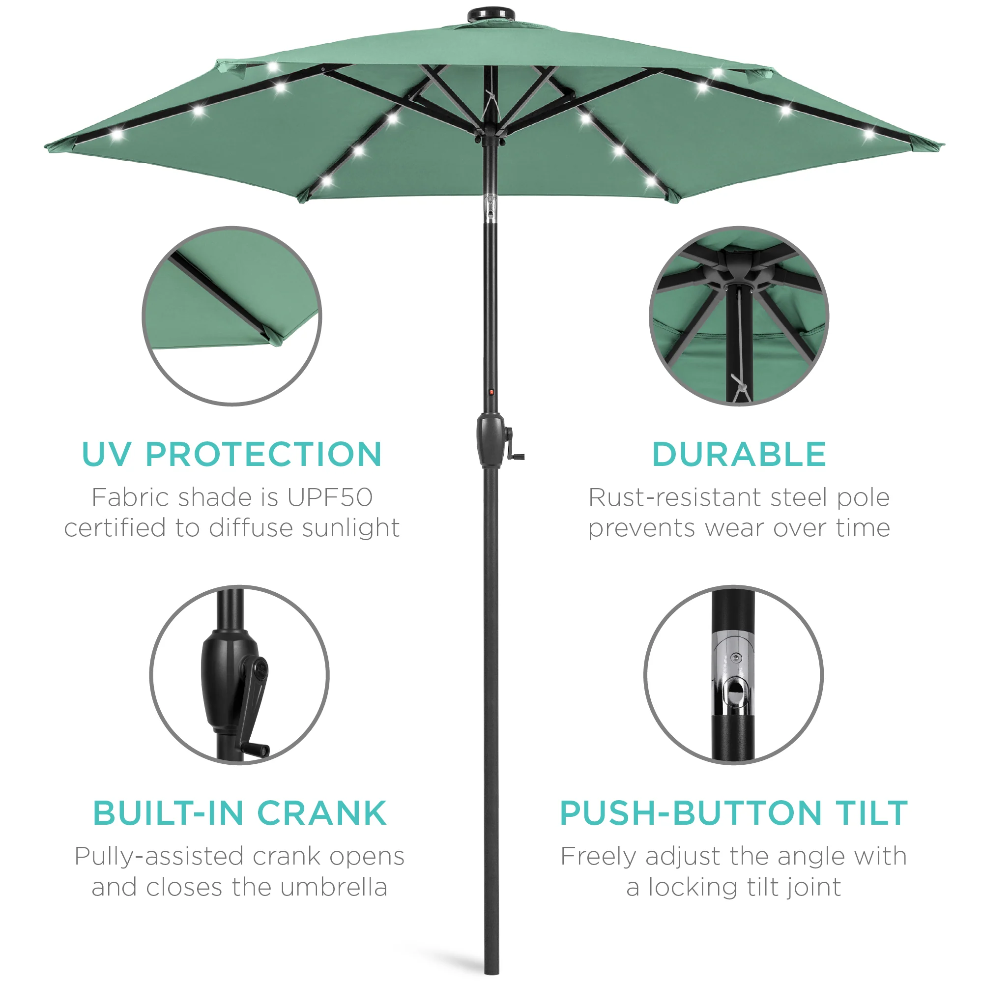 Outdoor Solar Patio Umbrella w/ Push Button Tilt, Crank Lift - 7.5ft - Image 201
