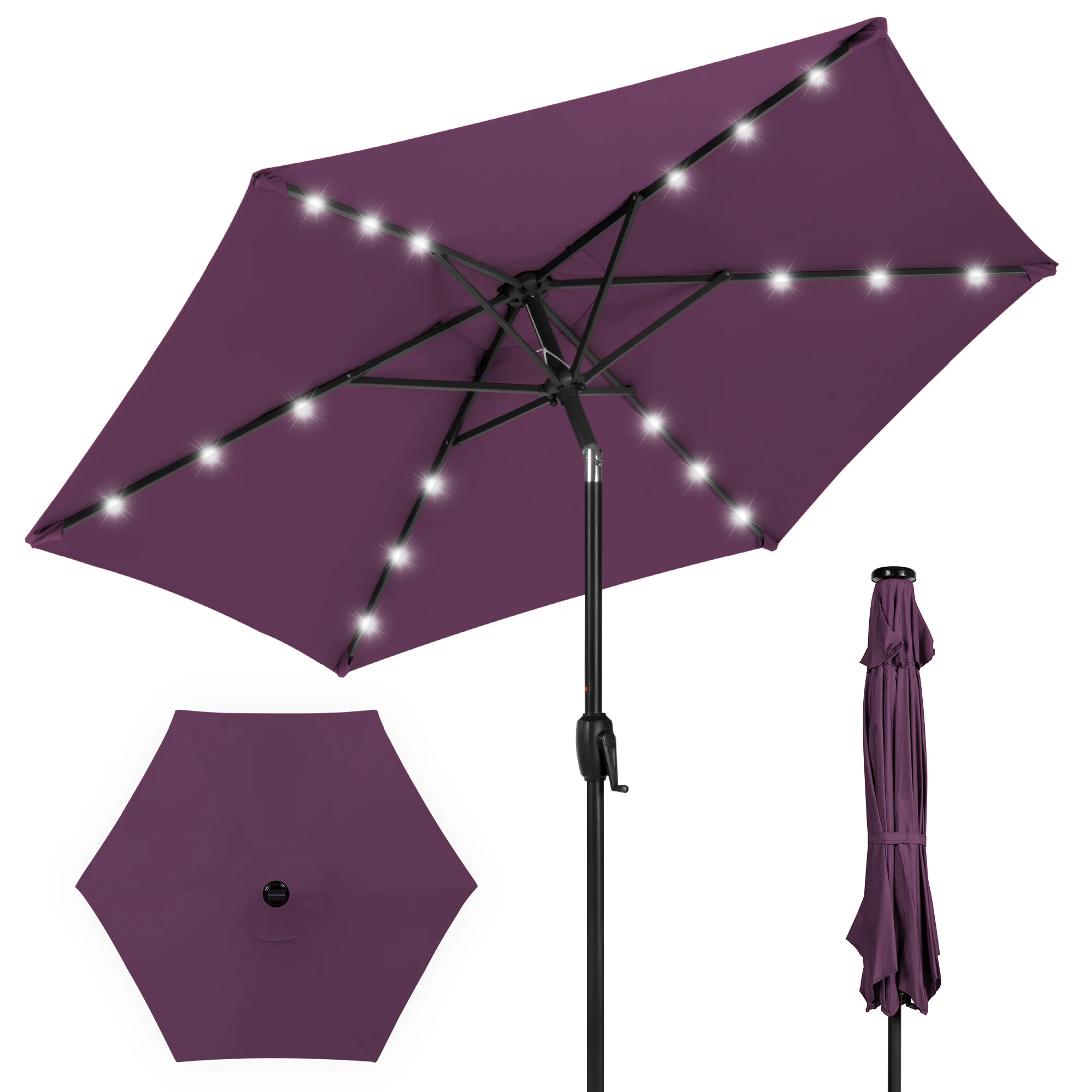 Outdoor Solar Patio Umbrella w/ Push Button Tilt, Crank Lift - 7.5ft - Image 204