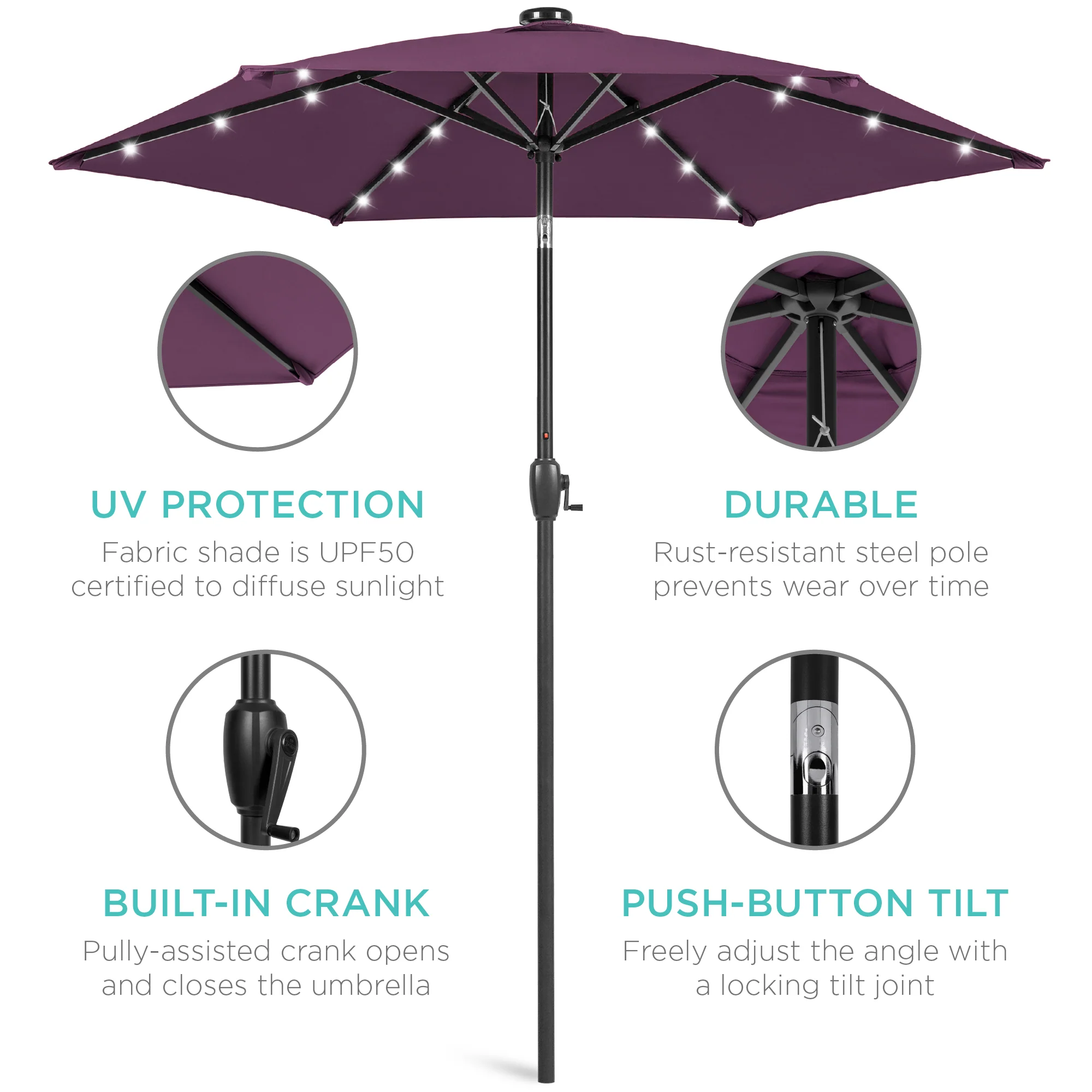 Outdoor Solar Patio Umbrella w/ Push Button Tilt, Crank Lift - 7.5ft - Image 208