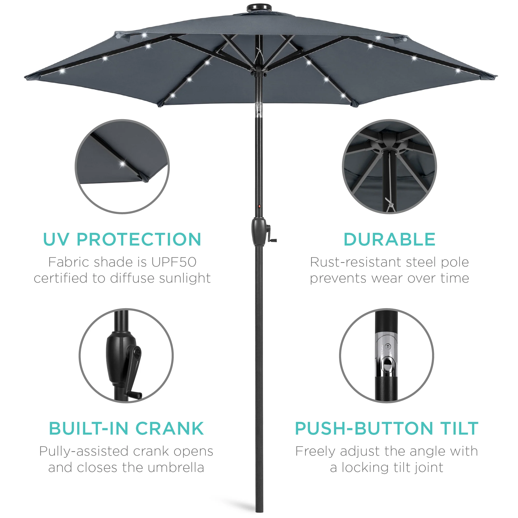 Outdoor Solar Patio Umbrella w/ Push Button Tilt, Crank Lift - 7.5ft - Image 215