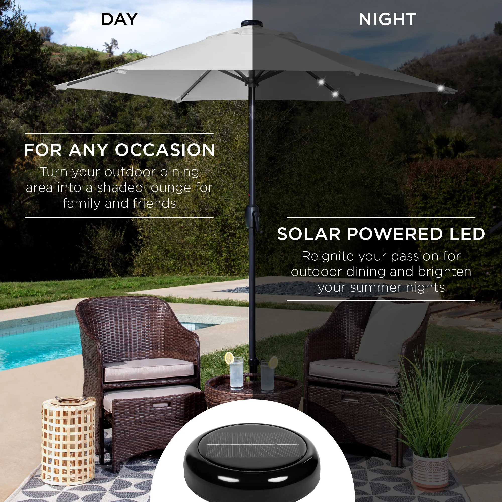 Outdoor Solar Patio Umbrella w/ Push Button Tilt, Crank Lift - 7.5ft - Image 220