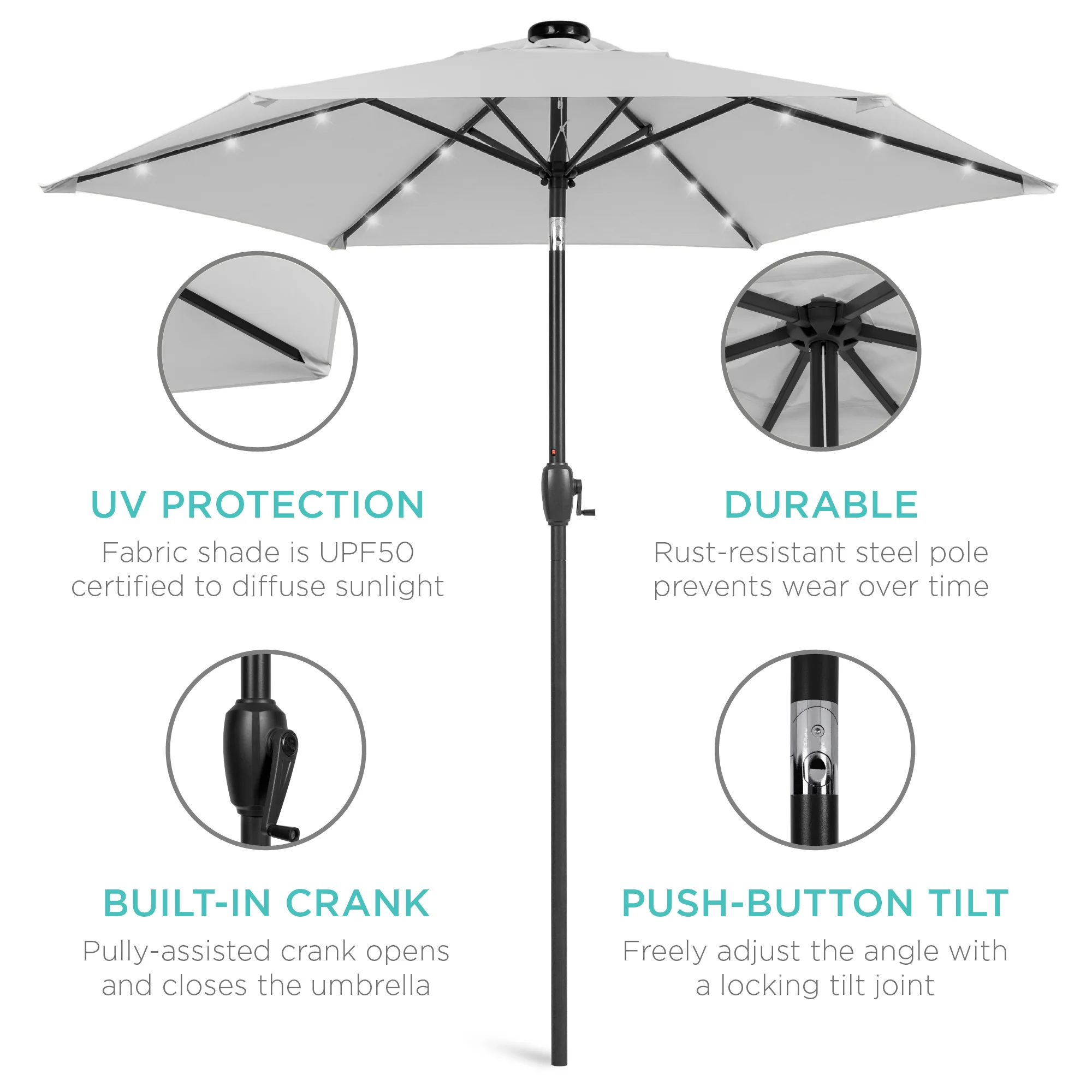 Outdoor Solar Patio Umbrella w/ Push Button Tilt, Crank Lift - 7.5ft - Image 222