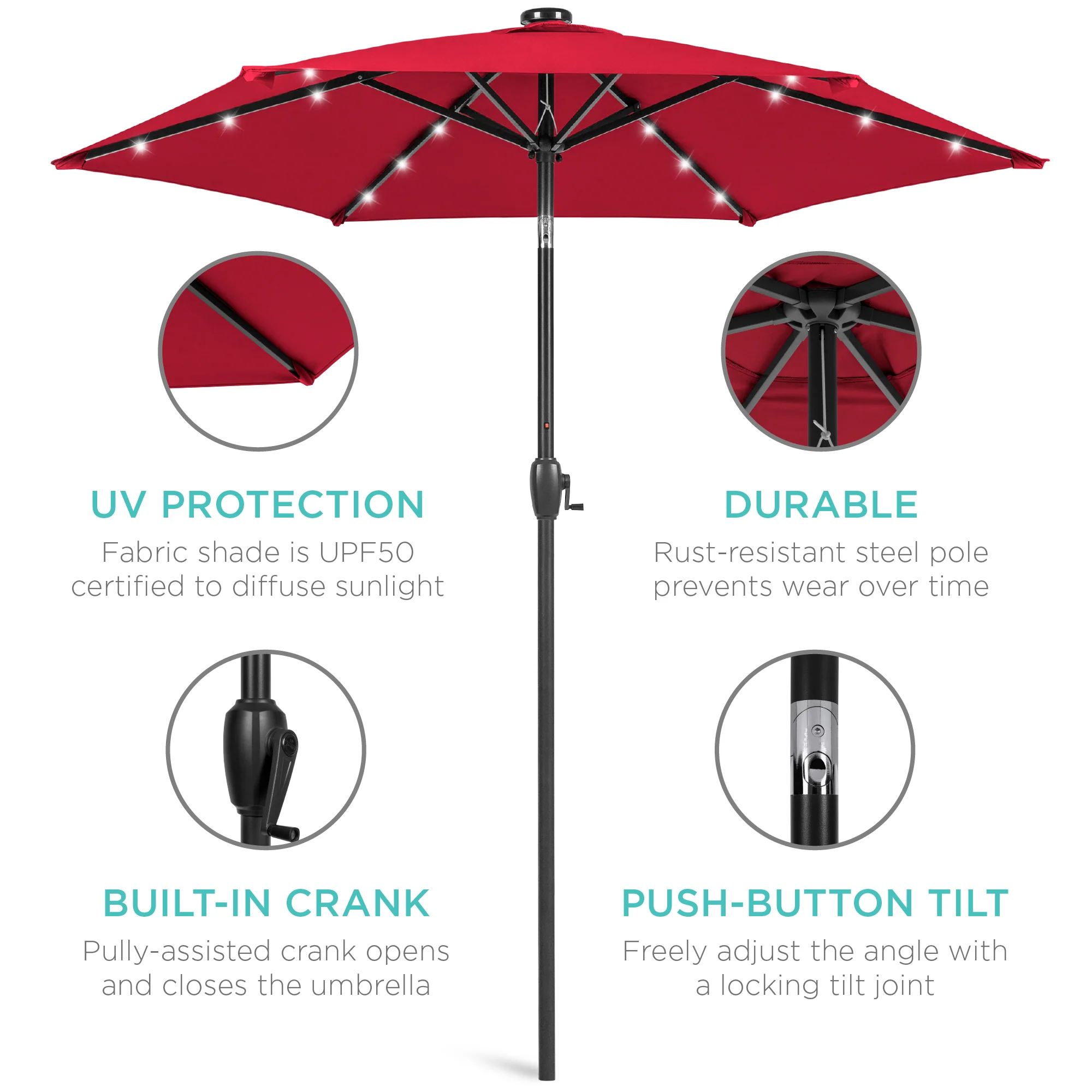 Outdoor Solar Patio Umbrella w/ Push Button Tilt, Crank Lift - 7.5ft - Image 26