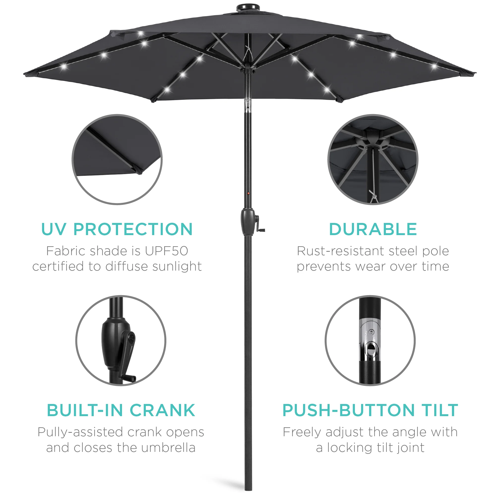 Outdoor Solar Patio Umbrella w/ Push Button Tilt, Crank Lift - 7.5ft - Image 33