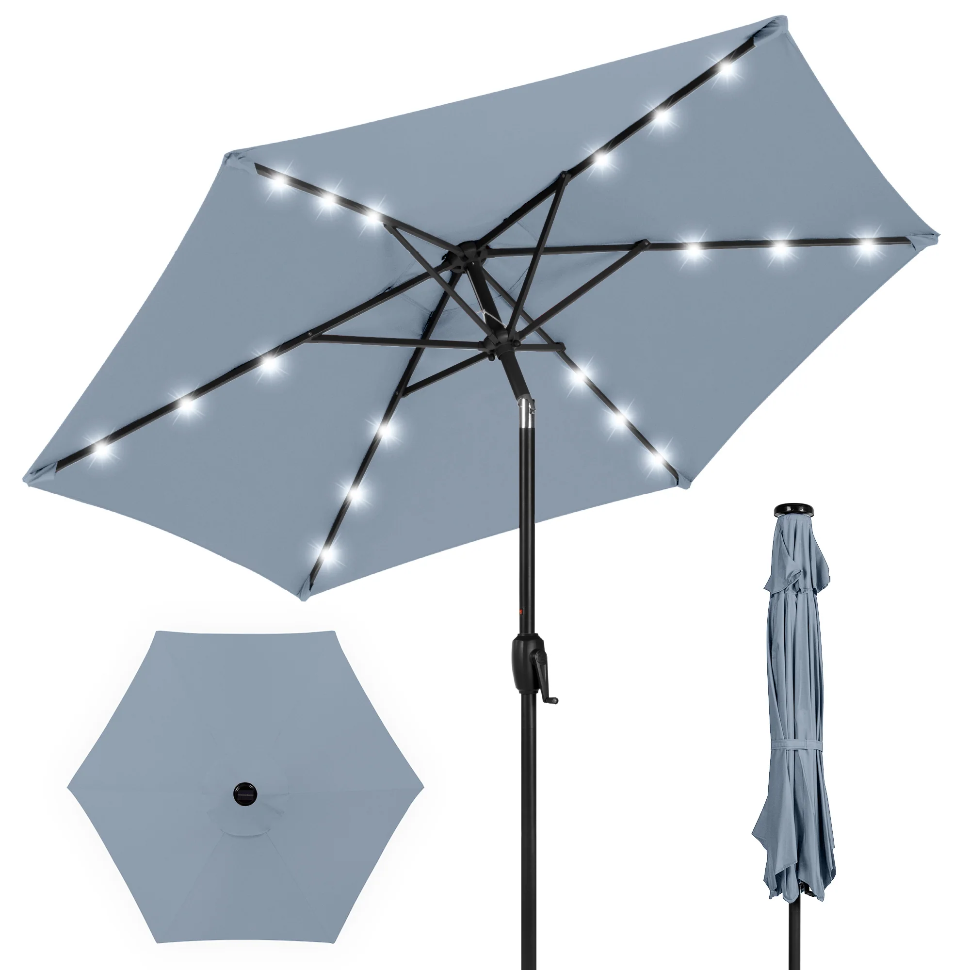 Outdoor Solar Patio Umbrella w/ Push Button Tilt, Crank Lift - 7.5ft - Image 36