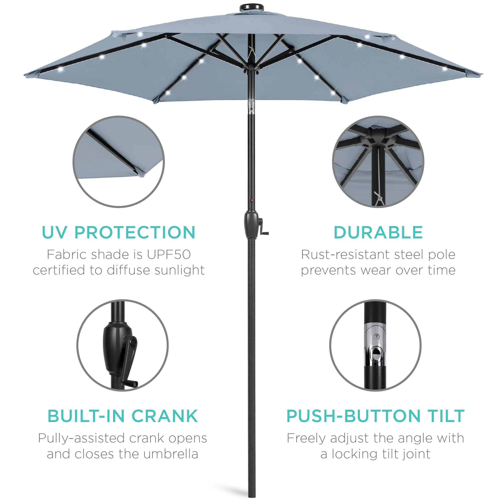 Outdoor Solar Patio Umbrella w/ Push Button Tilt, Crank Lift - 7.5ft - Image 40