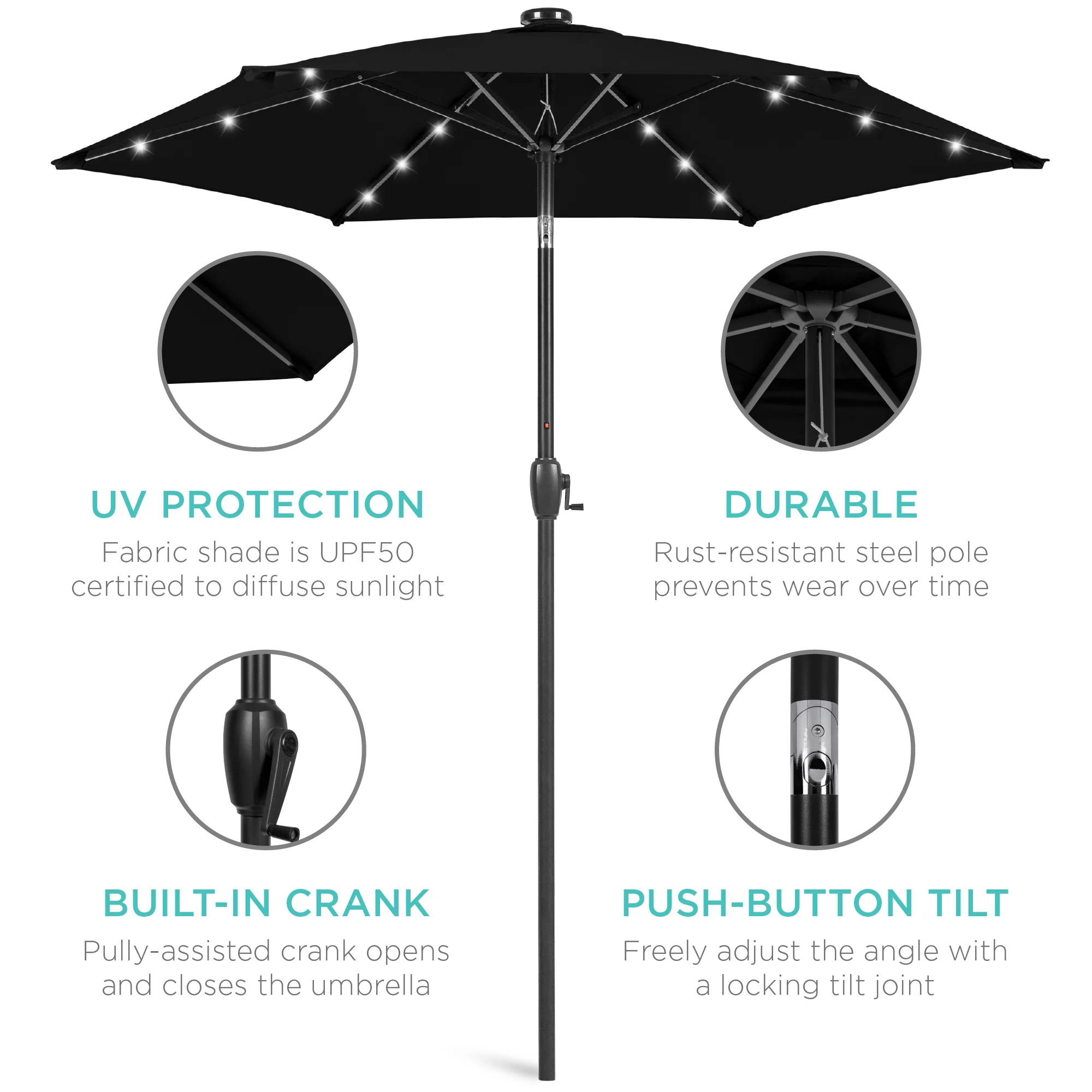 Outdoor Solar Patio Umbrella w/ Push Button Tilt, Crank Lift - 7.5ft - Image 47