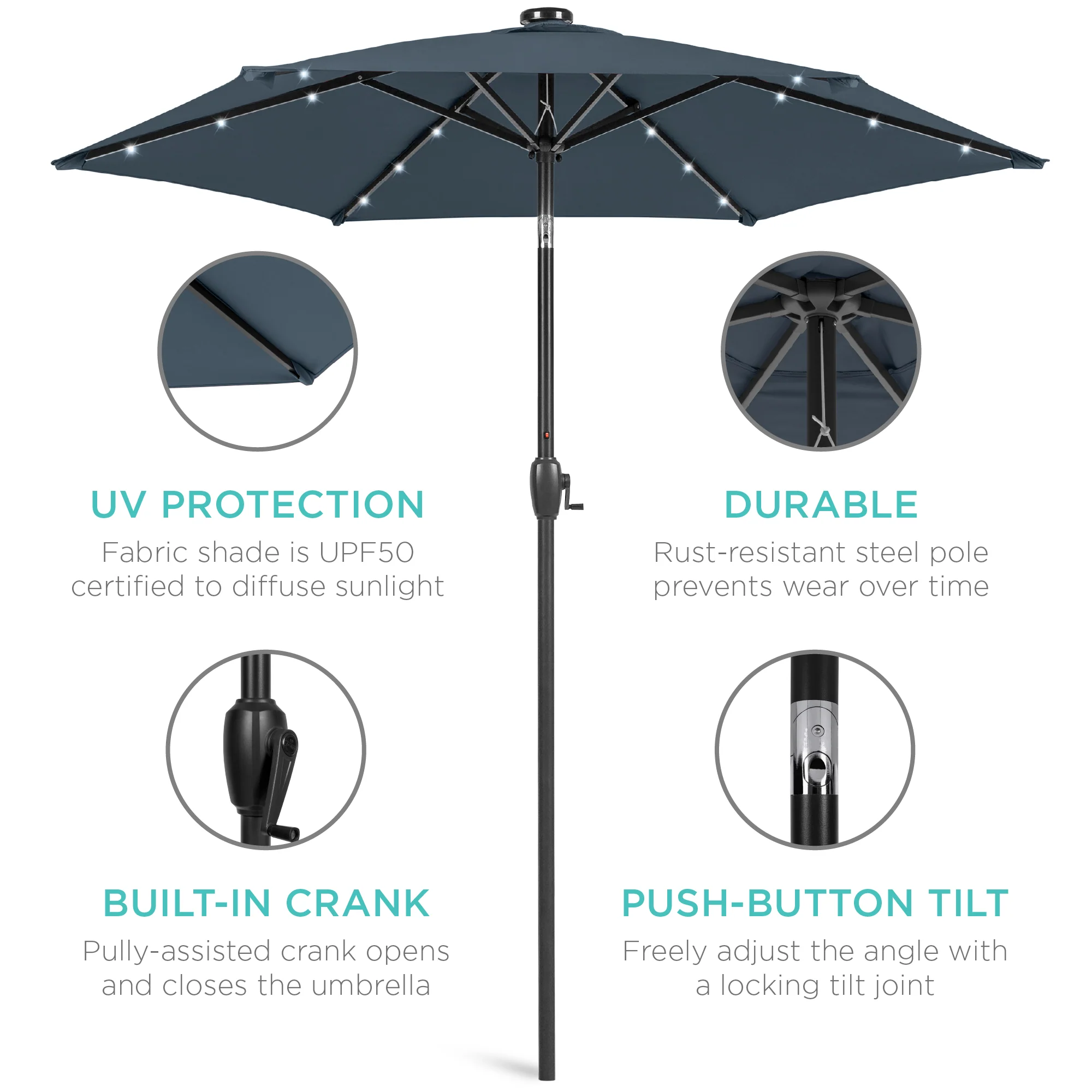 Outdoor Solar Patio Umbrella w/ Push Button Tilt, Crank Lift - 7.5ft - Image 54