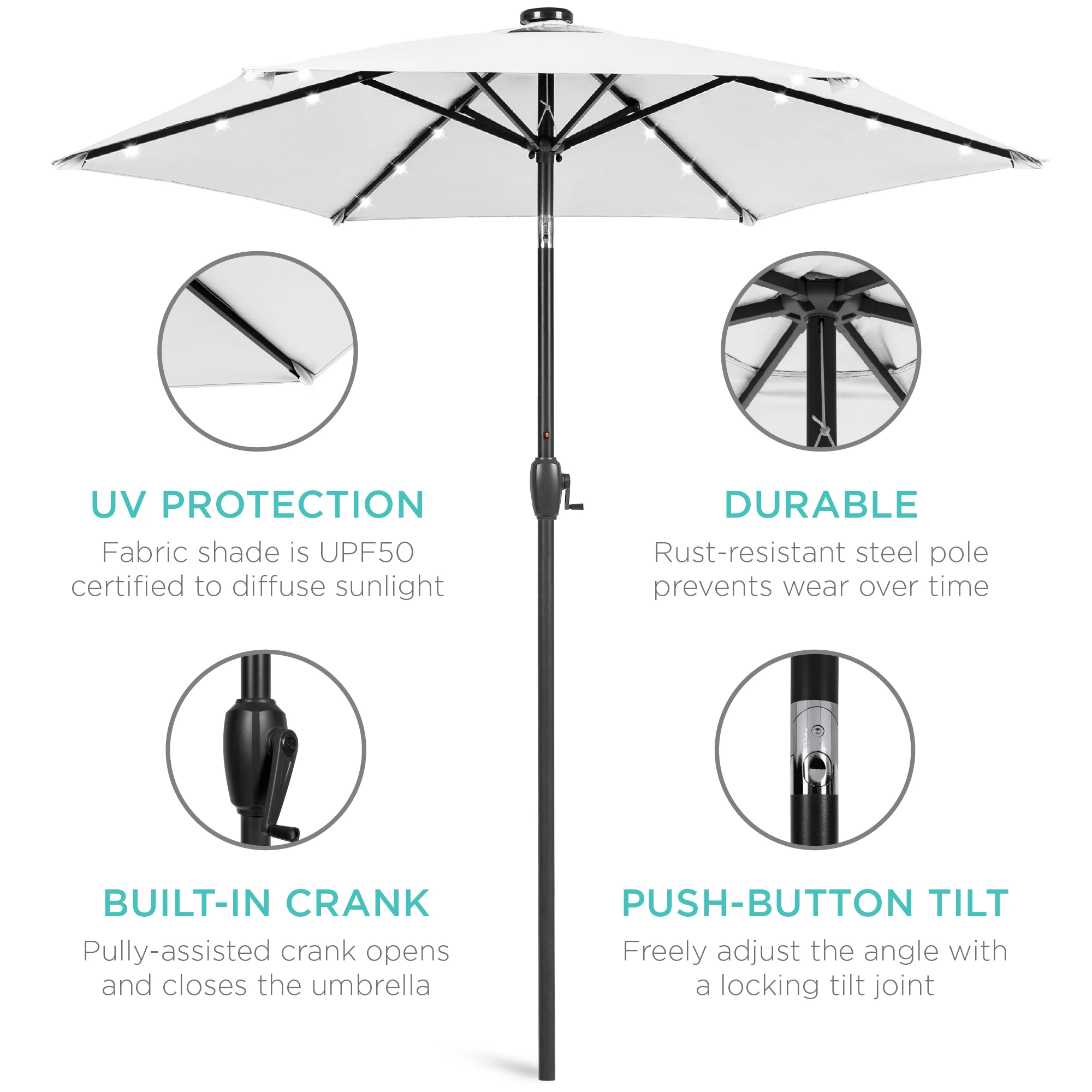 Outdoor Solar Patio Umbrella w/ Push Button Tilt, Crank Lift - 7.5ft - Image 61