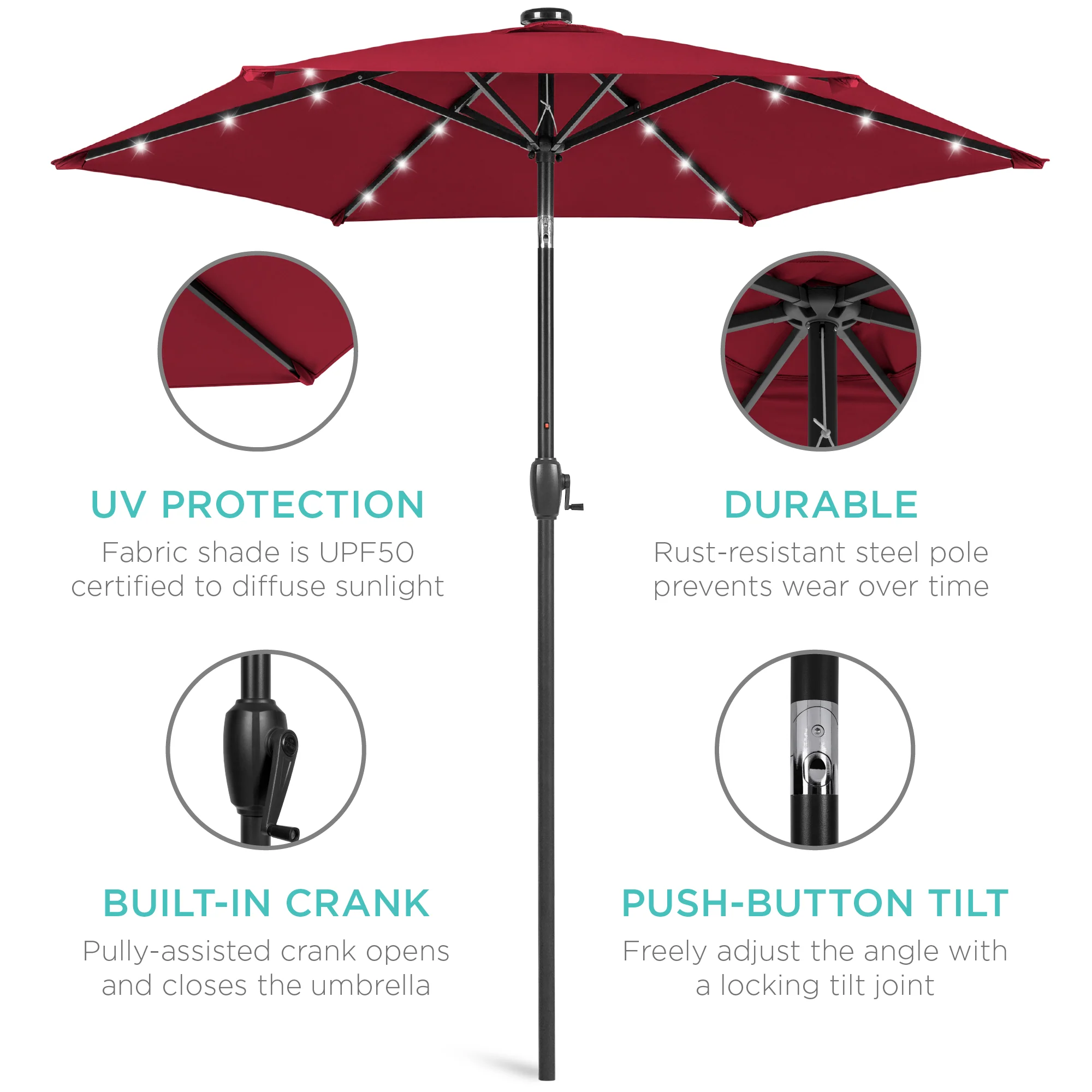 Outdoor Solar Patio Umbrella w/ Push Button Tilt, Crank Lift - 7.5ft - Image 68