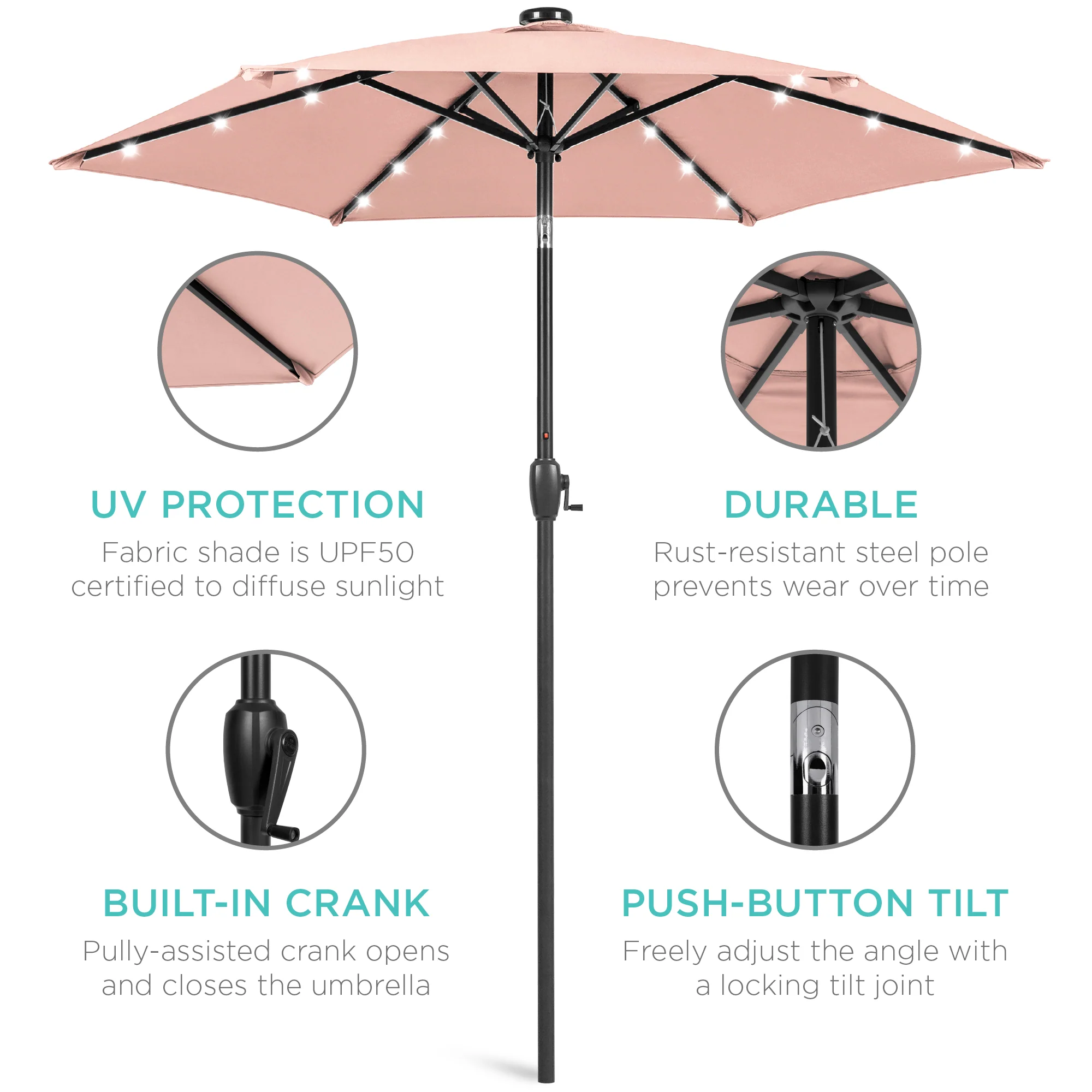 Outdoor Solar Patio Umbrella w/ Push Button Tilt, Crank Lift - 7.5ft - Image 75