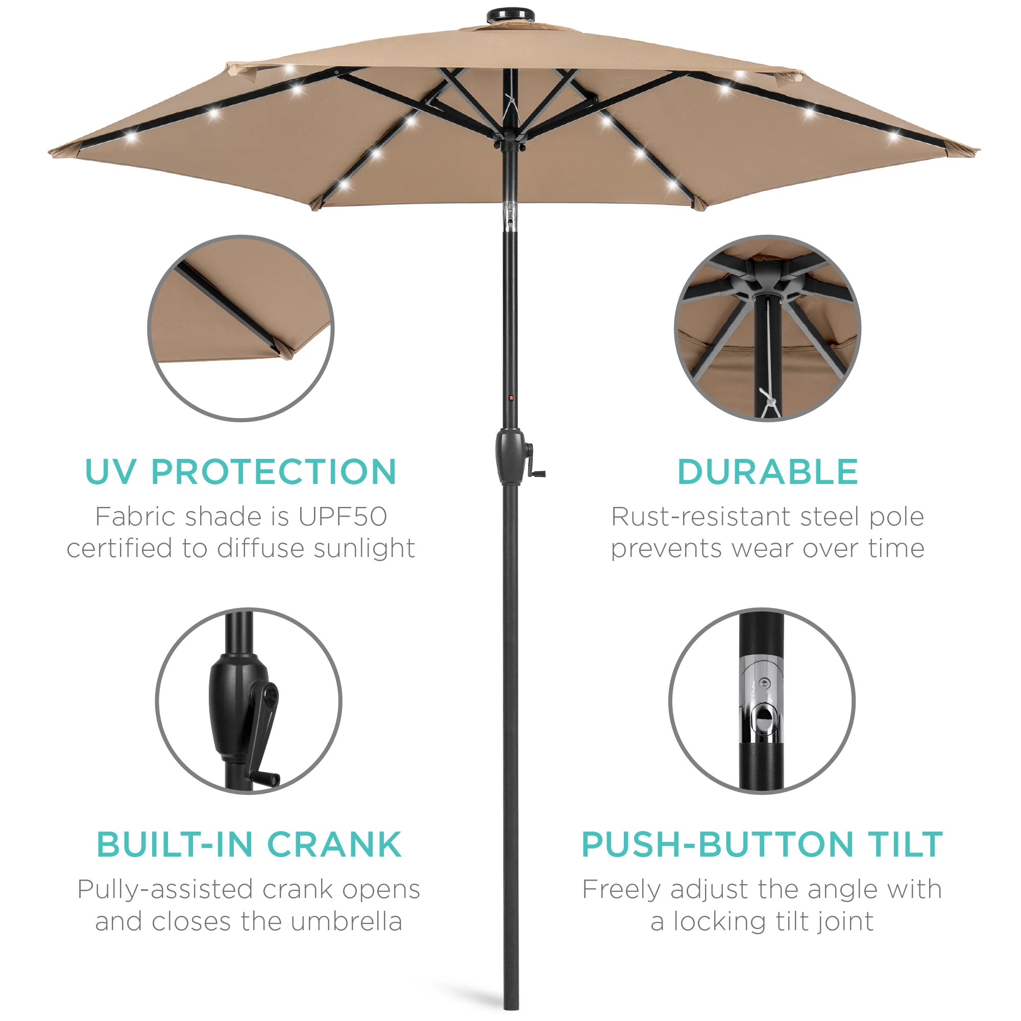 Outdoor Solar Patio Umbrella w/ Push Button Tilt, Crank Lift - 7.5ft - Image 82