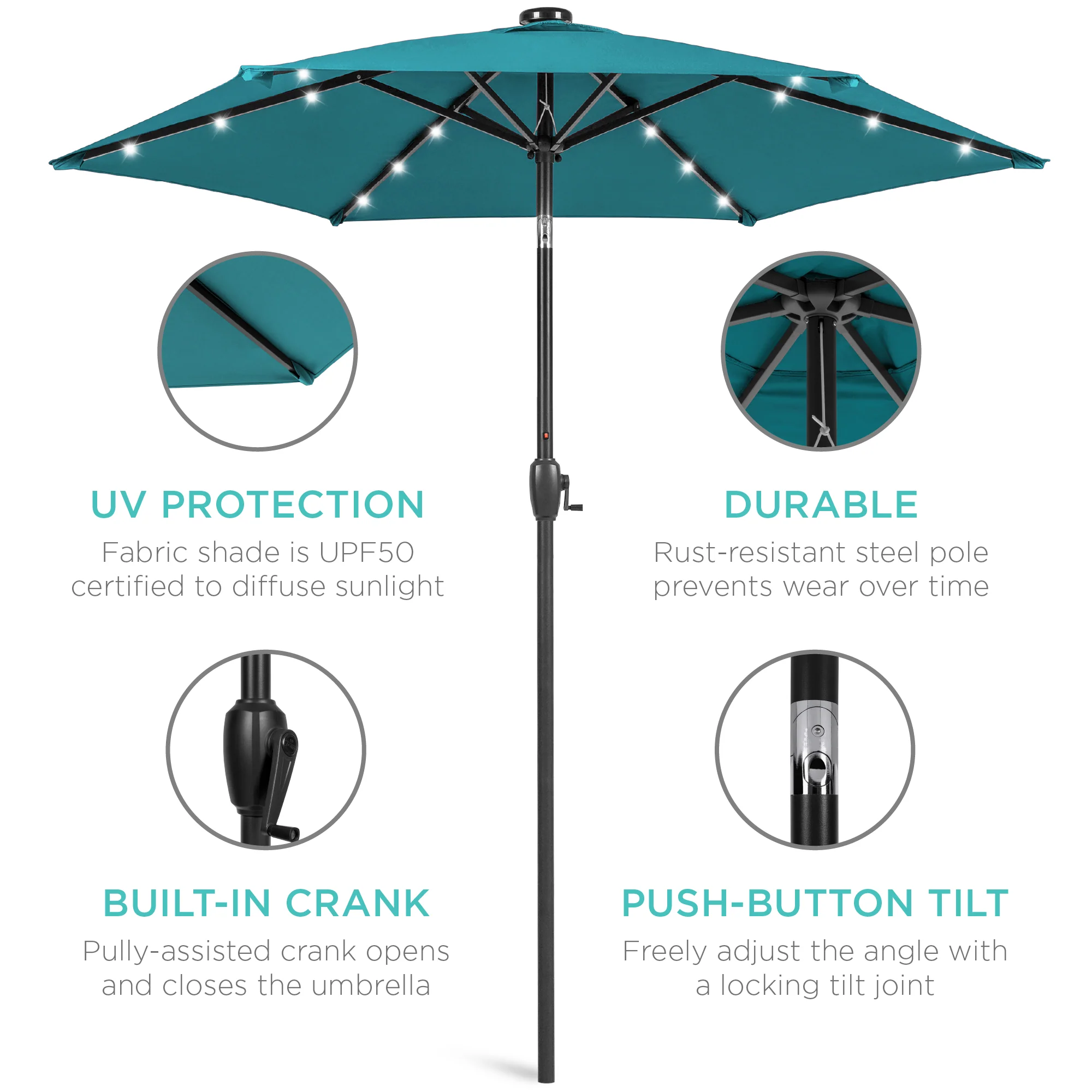 Outdoor Solar Patio Umbrella w/ Push Button Tilt, Crank Lift - 7.5ft - Image 89