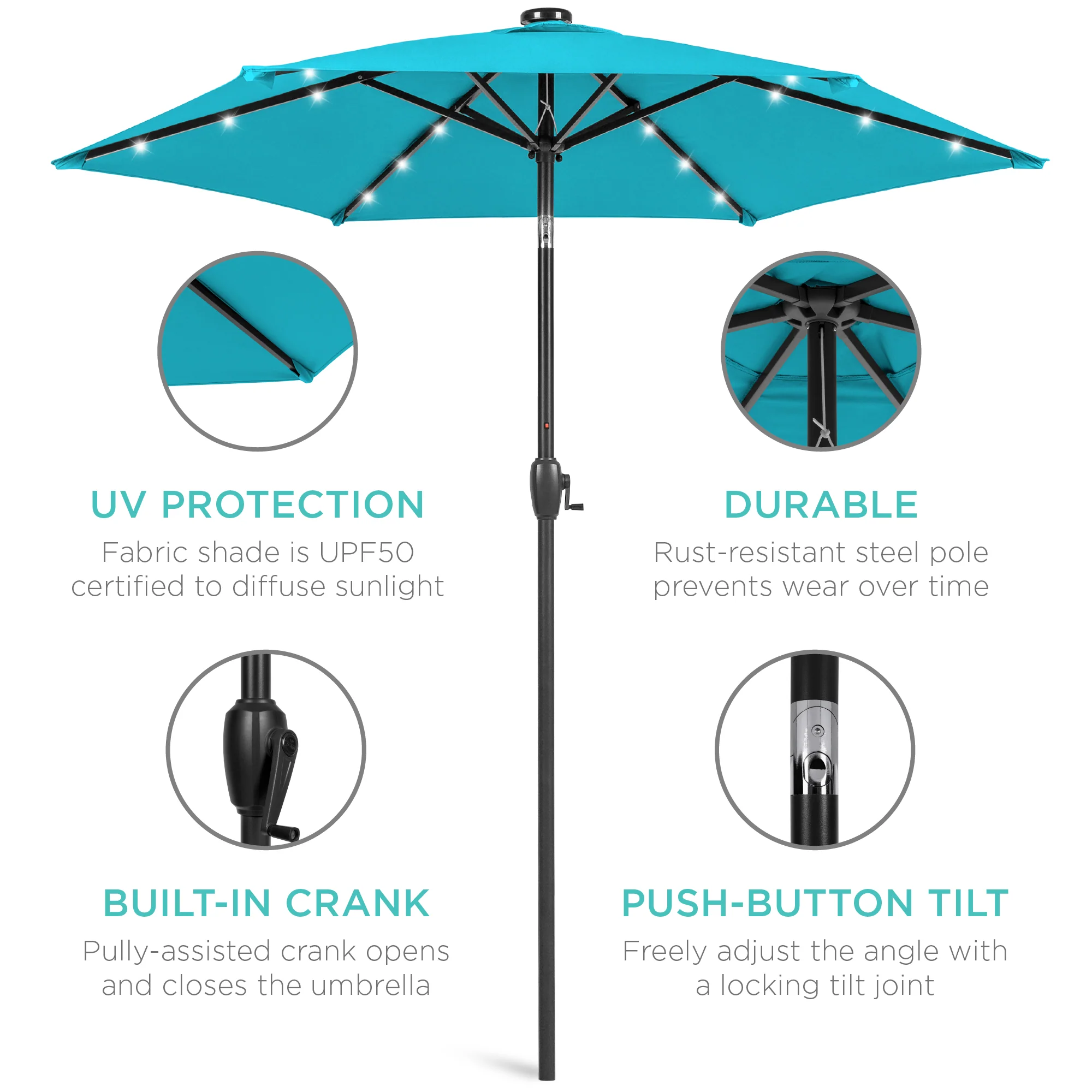 Outdoor Solar Patio Umbrella w/ Push Button Tilt, Crank Lift - 7.5ft - Image 96