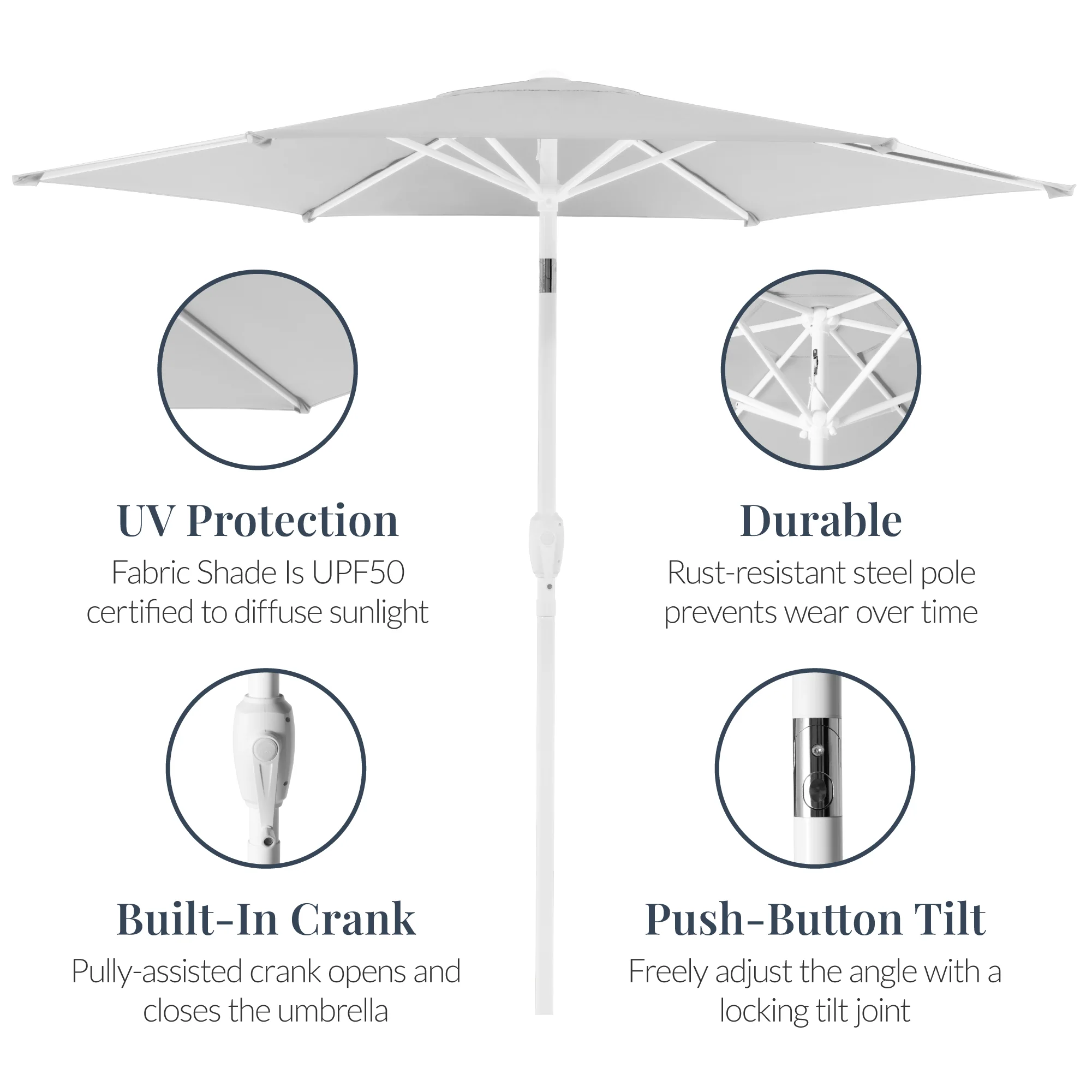 7.5ft Patio Market Umbrella with White Pole, Push Button Tilt and Crank Lift - Image 13