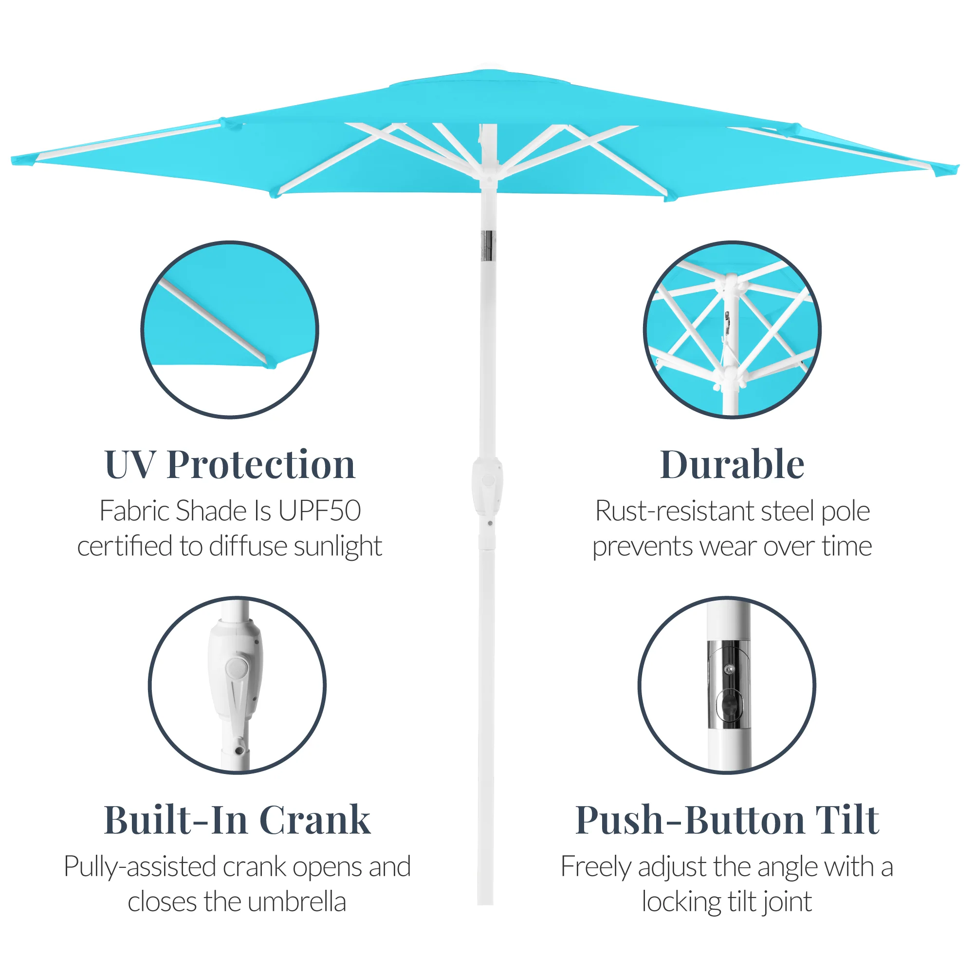 7.5ft Patio Market Umbrella with White Pole, Push Button Tilt and Crank Lift - Image 20