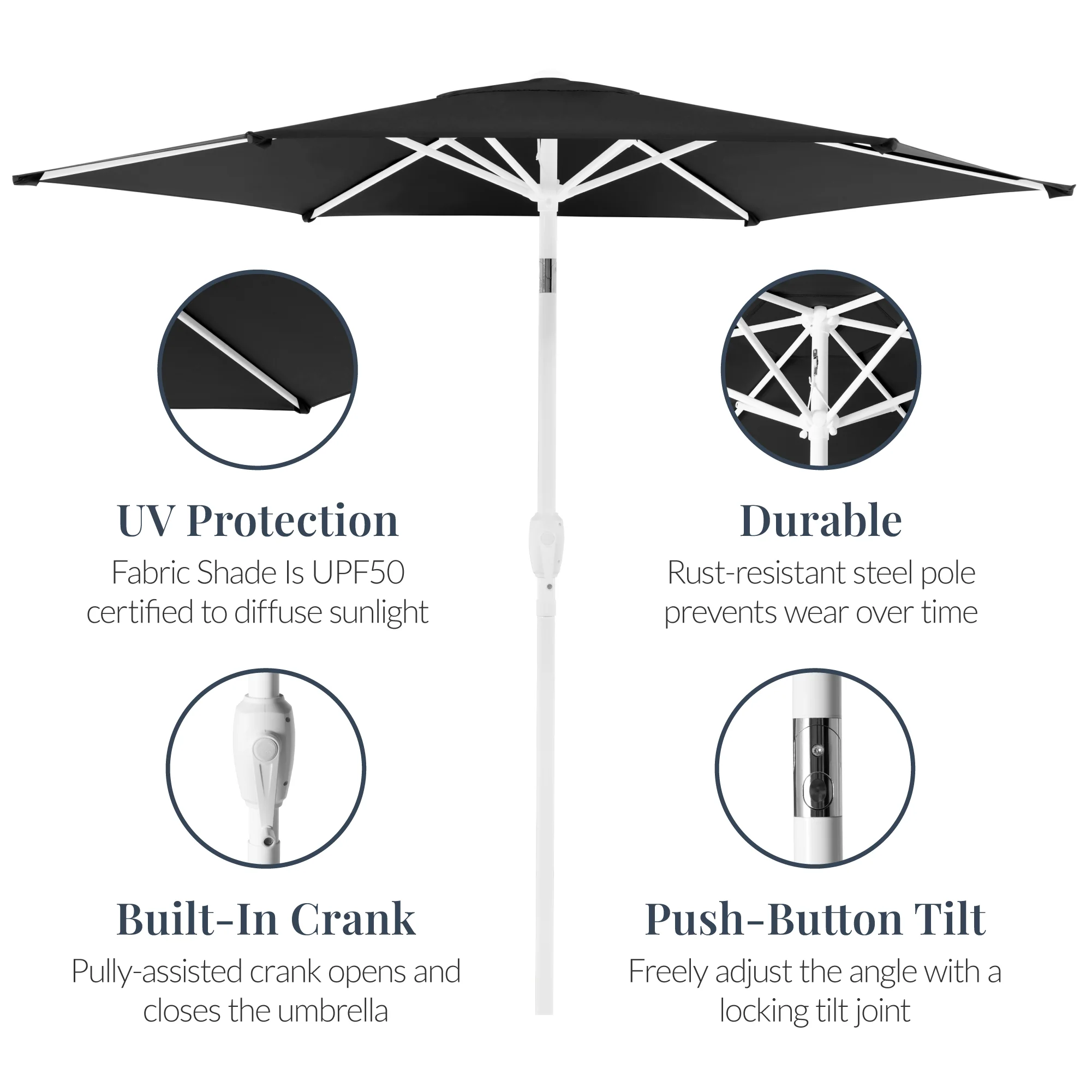 7.5ft Patio Market Umbrella with White Pole, Push Button Tilt and Crank Lift - Image 34