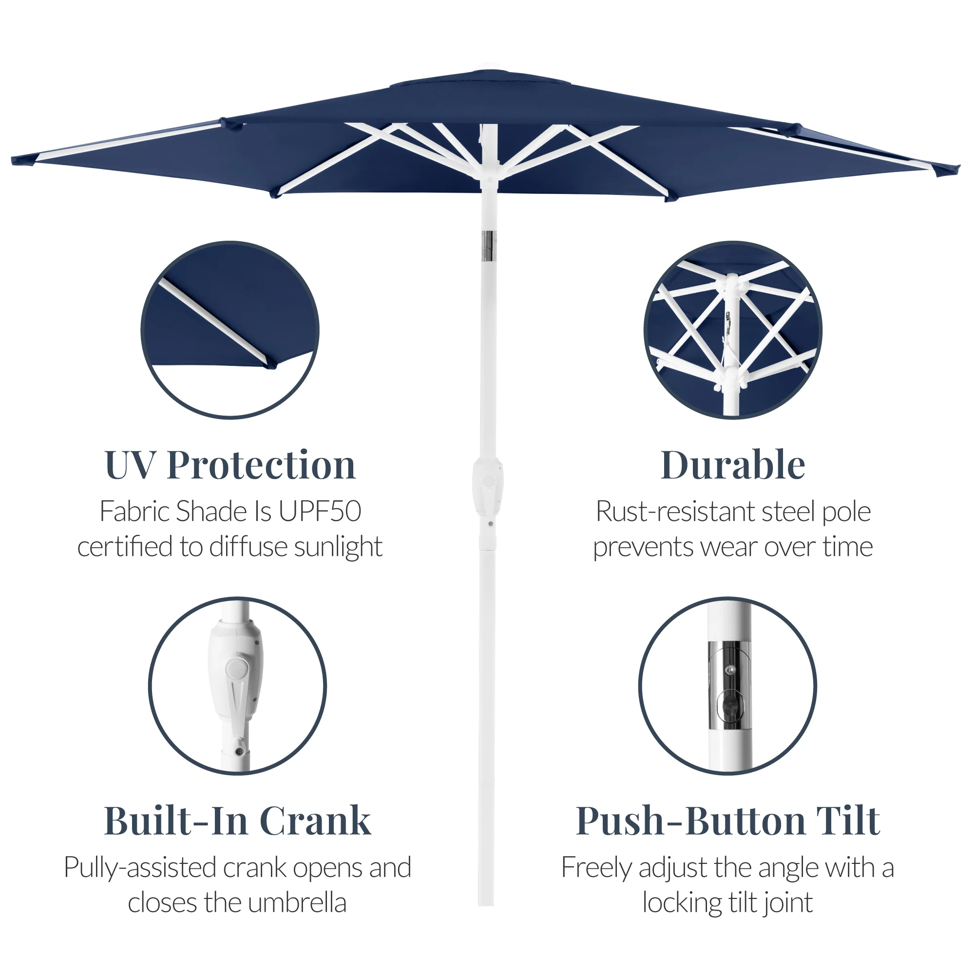 7.5ft Patio Market Umbrella with White Pole, Push Button Tilt and Crank Lift - Image 41