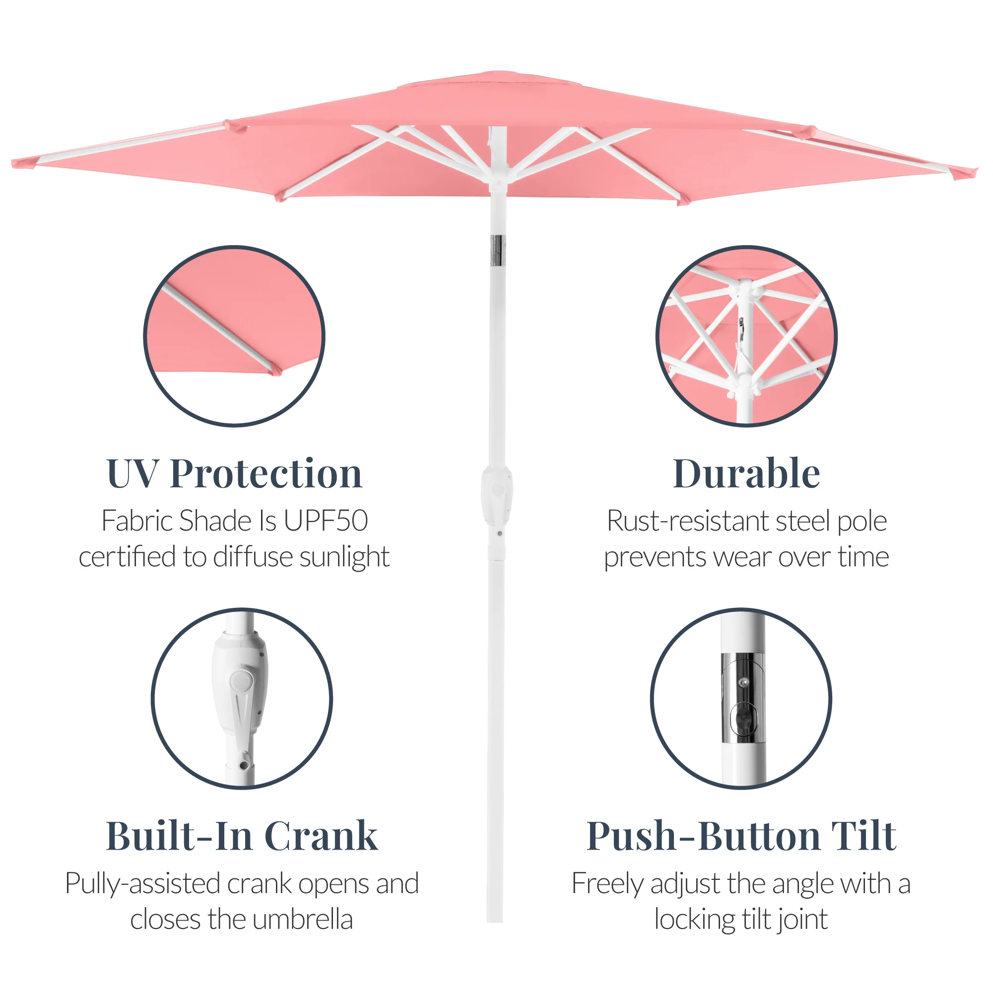 7.5ft Patio Market Umbrella with White Pole, Push Button Tilt and Crank Lift - Image 6