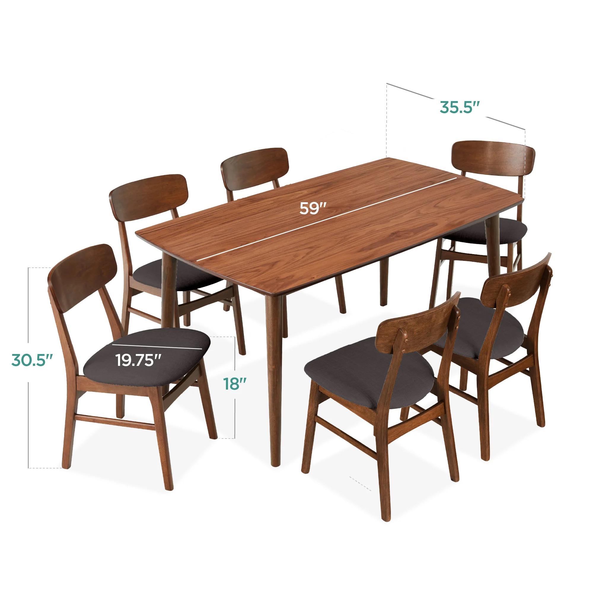 7-Piece Mid-Century Modern Dining Set, Wood Upholstered w/ 6 Chairs - Image 15