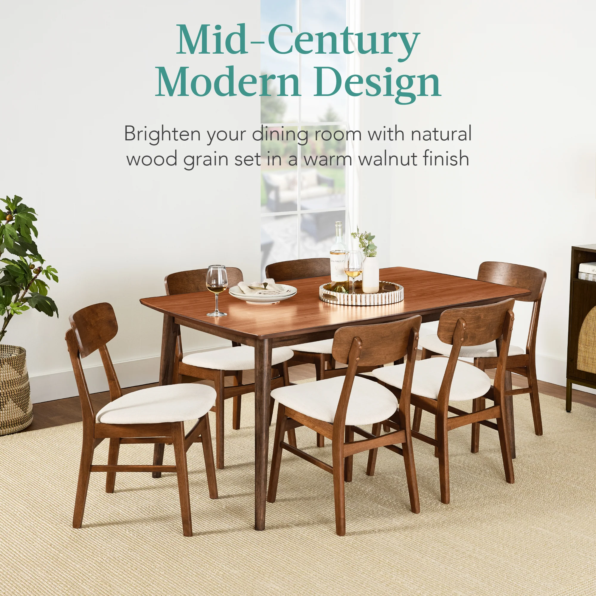 7-Piece Mid-Century Modern Dining Set, Wood Upholstered w/ 6 Chairs - Image 2