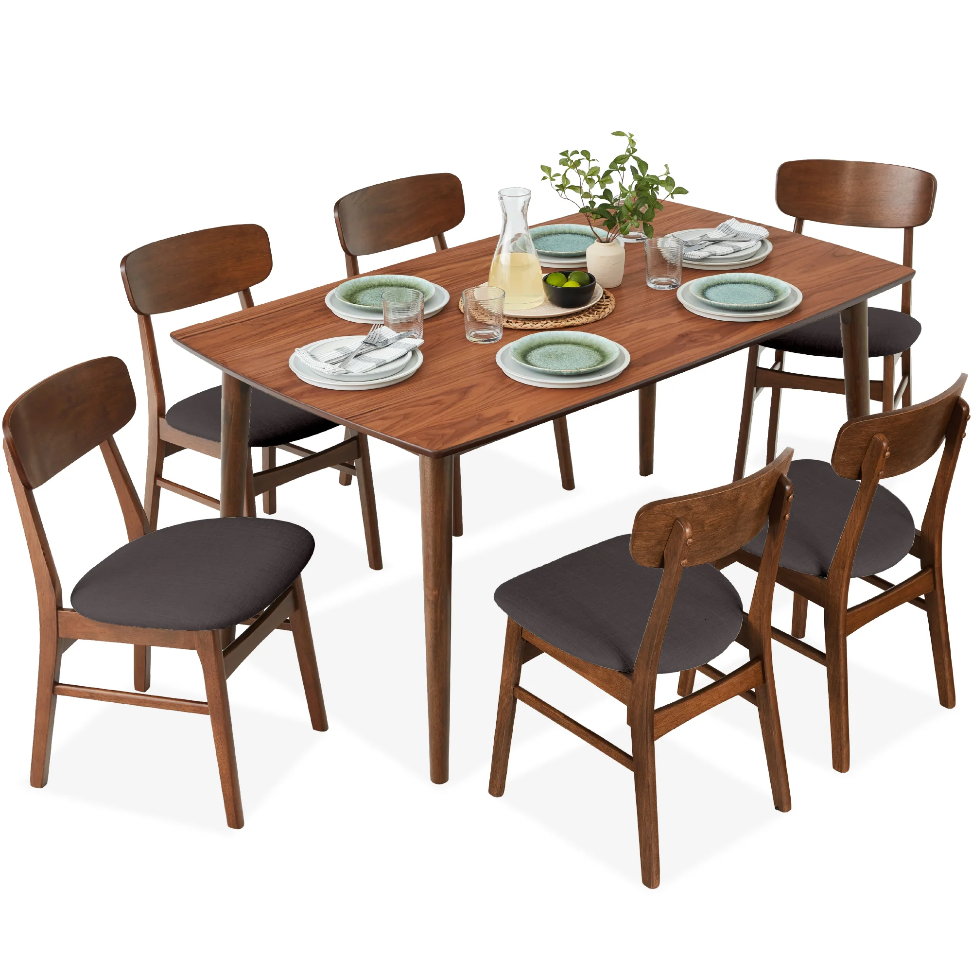 7-Piece Mid-Century Modern Dining Set, Wood Upholstered w/ 6 Chairs - Image 9