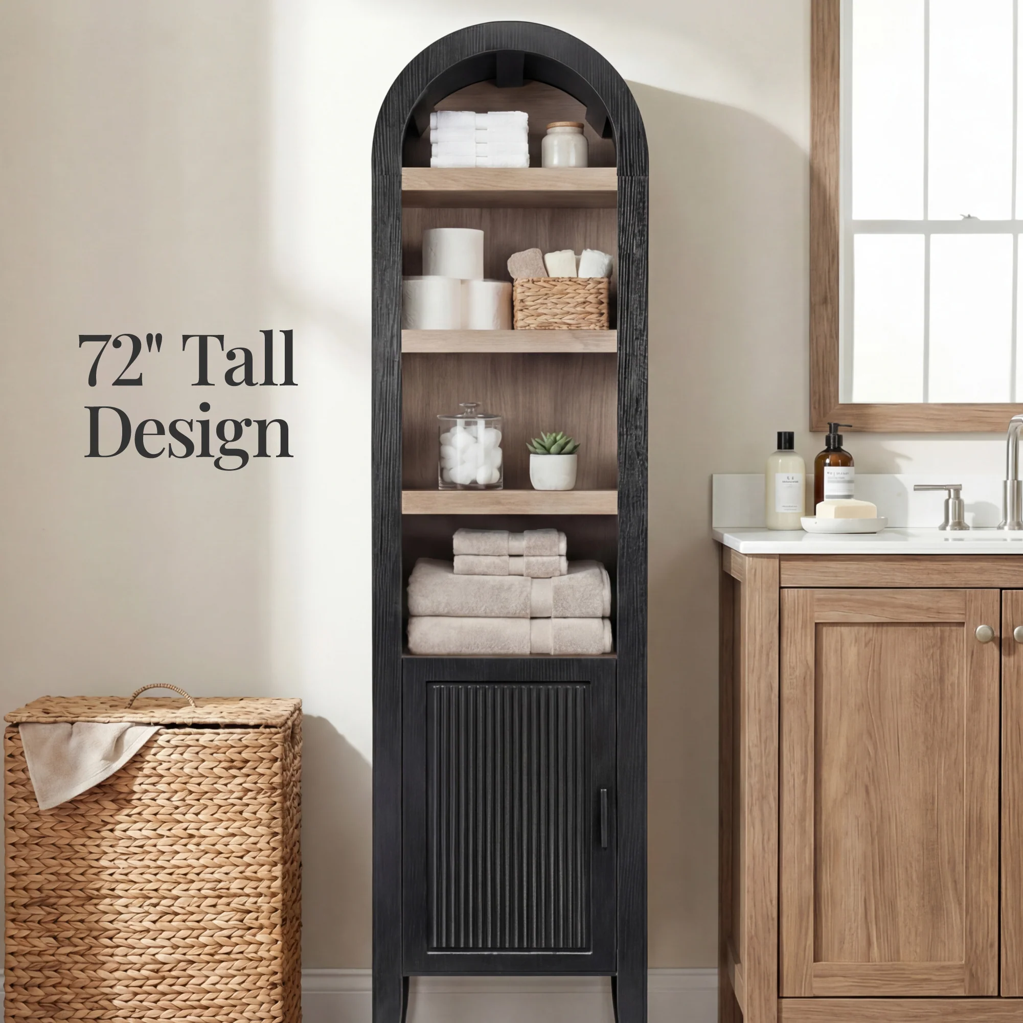 72" Tall Narrow Arched Pantry Cabinet w/ Door, 4-Tier Storage Cabinet - Image 12