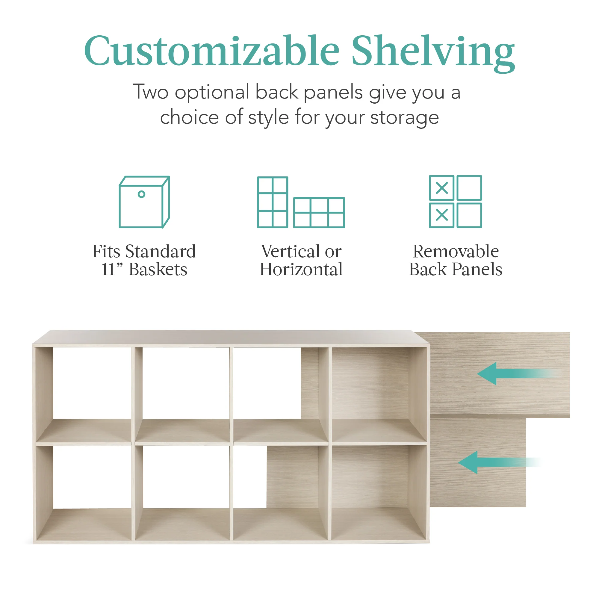 8-Cube Bookshelf, 11in Storage Display w/ Removable Panels, Customizable - Image 3